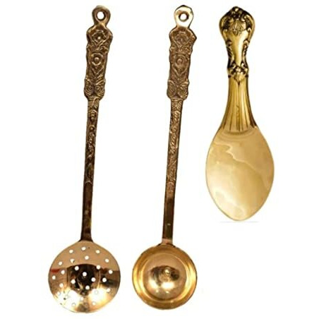Bona Fide Pure Brass Spoon Golchi Spoon,Palta Spoon,And Rice Serving Spoon,Set Of 3 Cooking And Serving Spoon