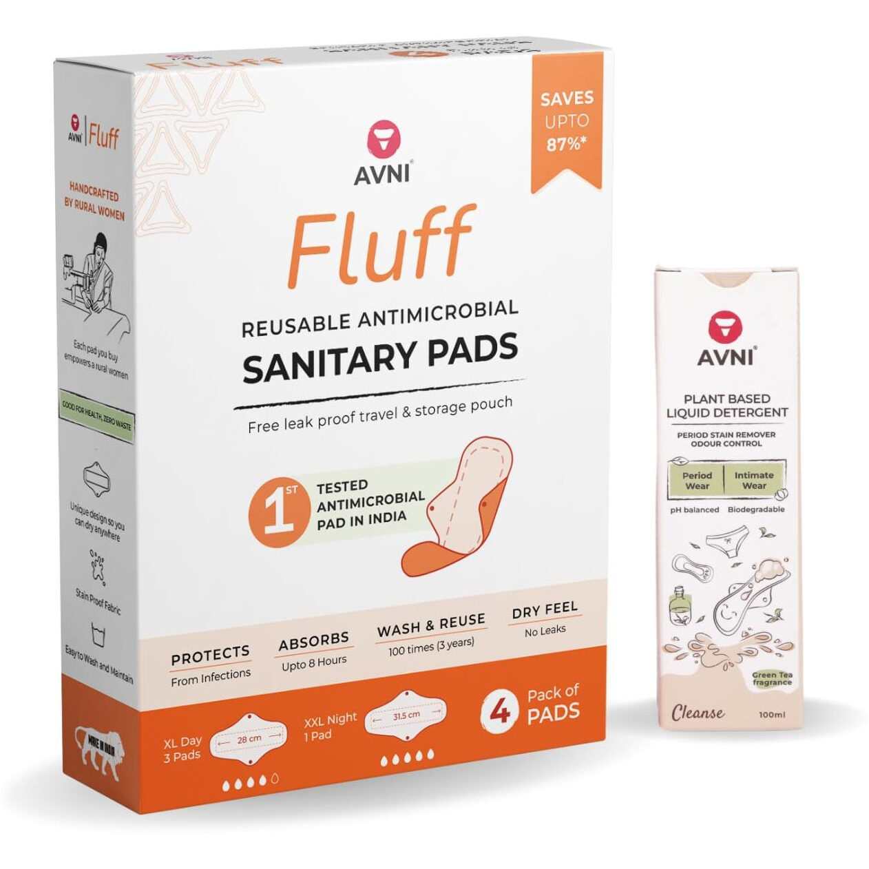 Avni - Fluff Reusable Cloth Pads | Pack Of 4 | Natural Cloth Pad Wash - 100Ml | Xl (28Cm) + 100Ml Wash, (Combo Pack Of 5)