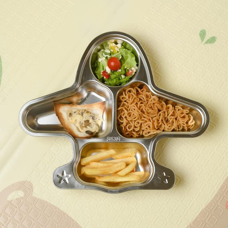 Tickle Tums - 304 Stainless Steel Divided Plates, 4 Sections Unbreakable Dinner Plates For Kids, Cute Plane Shape Kids Divided Plates For Picky Eaters, Lunch, Camping