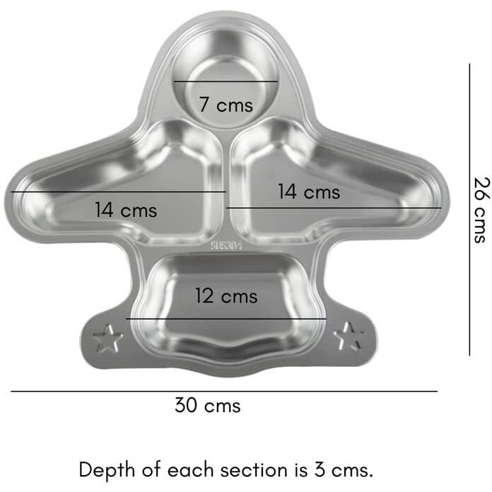 Tickle Tums - 304 Stainless Steel Divided Plates, 4 Sections Unbreakable Dinner Plates For Kids, Cute Plane Shape Kids Divided Plates For Picky Eaters, Lunch, Camping