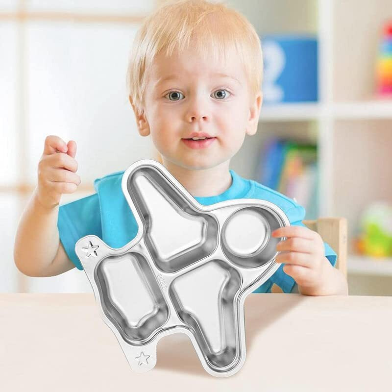 Tickle Tums - 304 Stainless Steel Divided Plates, 4 Sections Unbreakable Dinner Plates For Kids, Cute Plane Shape Kids Divided Plates For Picky Eaters, Lunch, Camping
