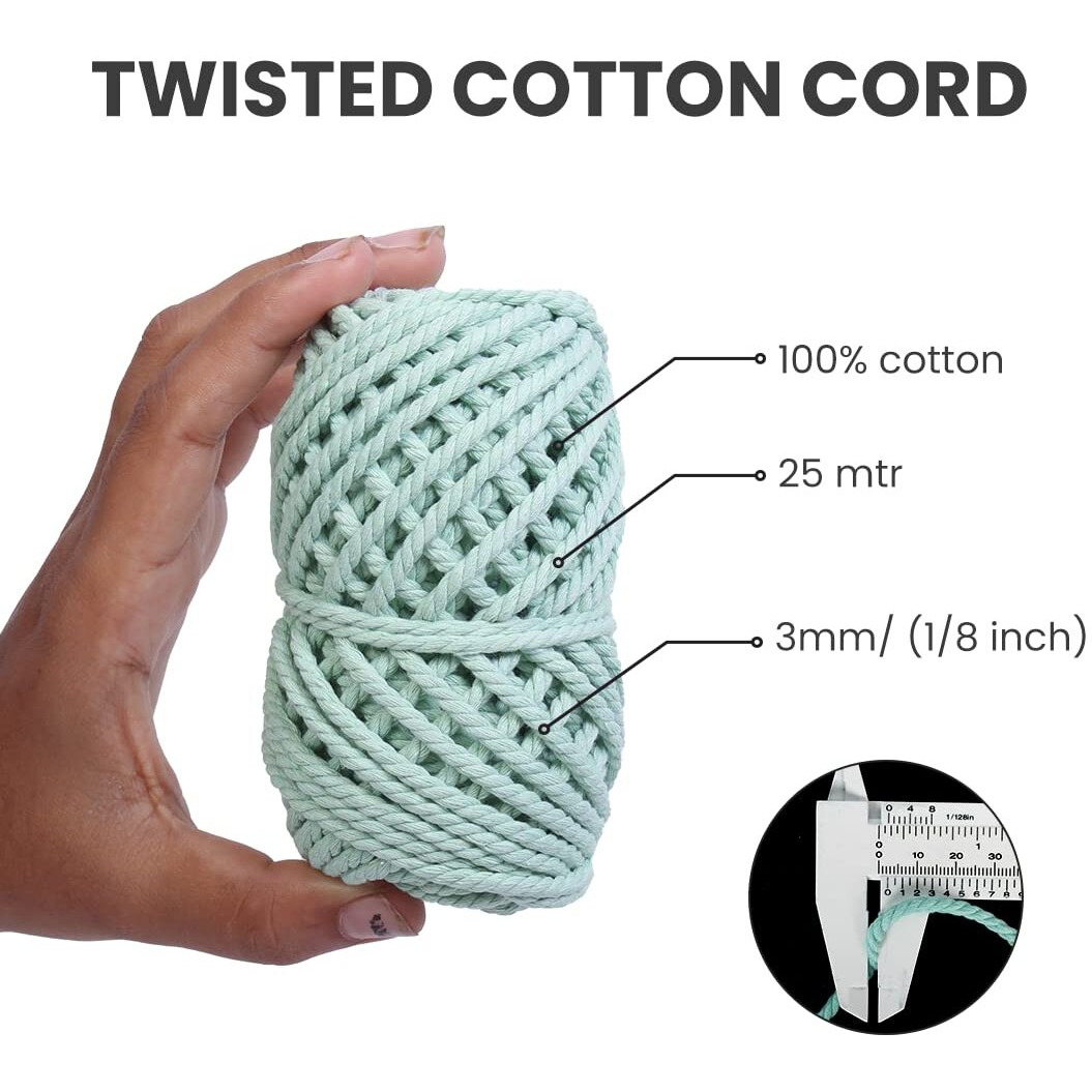 Little Birdie Macrame Thread For Craft | Cotton Twisted Cord Sea Green 3Mm 3 Ply 25 Mtr| Cotton Thread For Craft