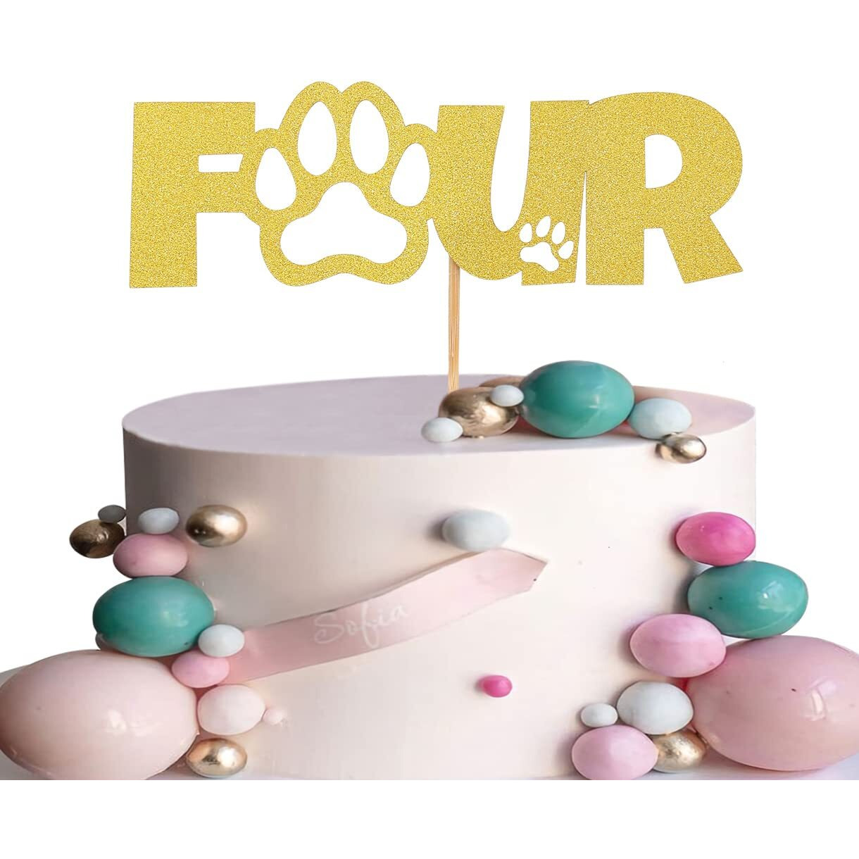 Festiko Gold Paw 4Th Cake Topper - Gold Glitter Four Years Old Birthday Dog Paw Cake Decoration, Puppy Theme Party Cake Topper