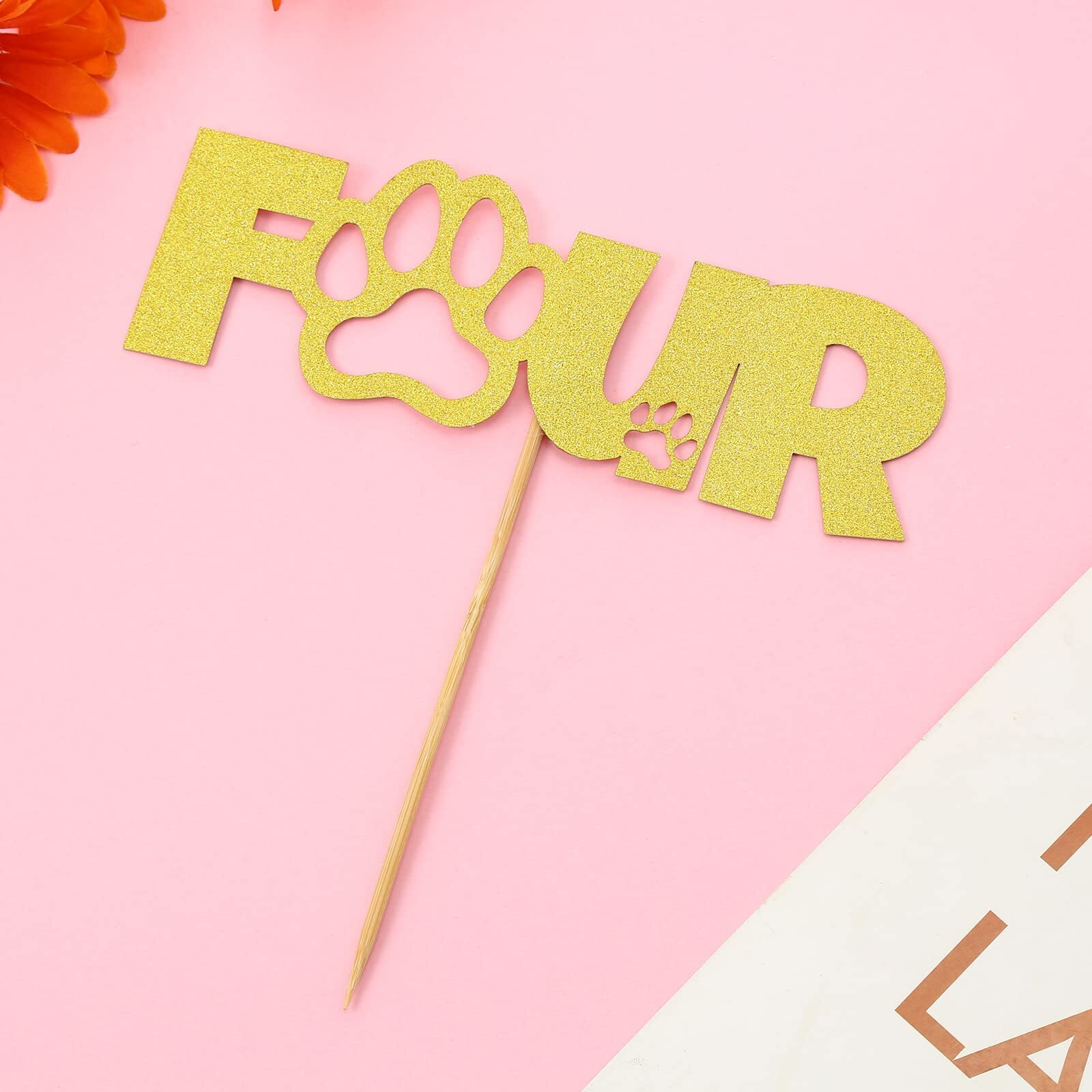 Festiko Gold Paw 4Th Cake Topper - Gold Glitter Four Years Old Birthday Dog Paw Cake Decoration, Puppy Theme Party Cake Topper