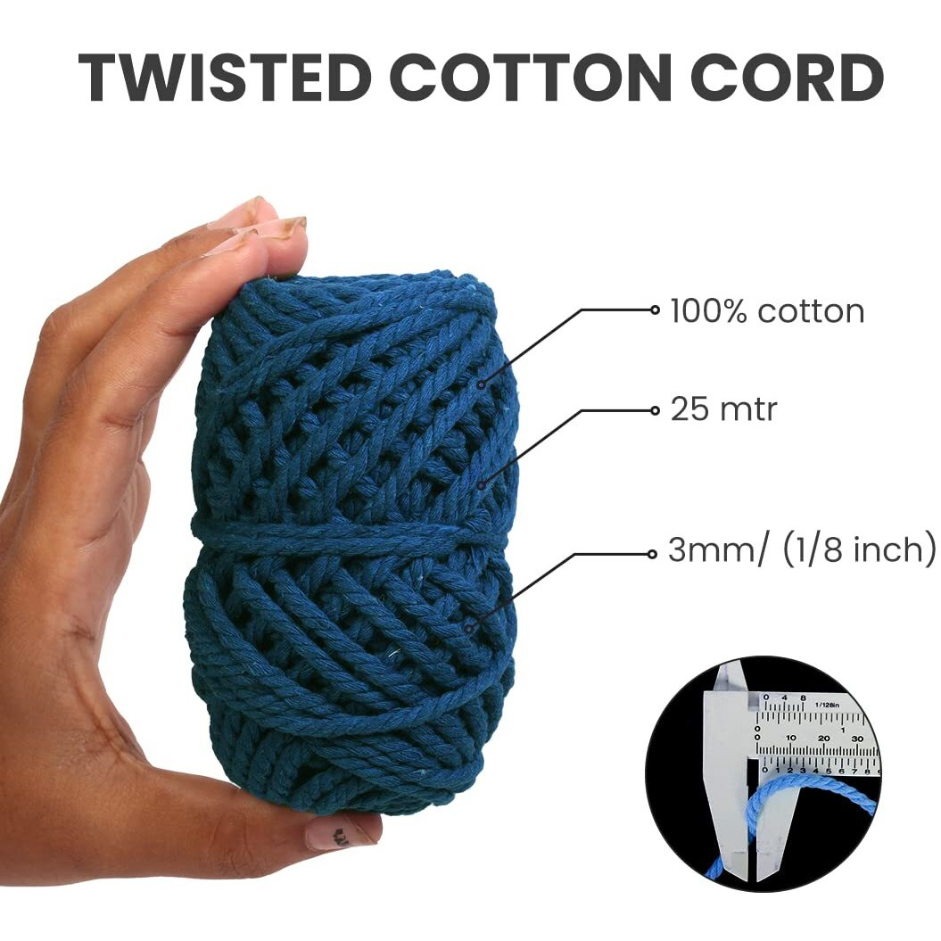 Little Birdie Macrame Thread For Craft | Cotton Twisted Cord Fushion Blue 3Mm 3 Ply 25 Mtr| Cotton Thread For Craft