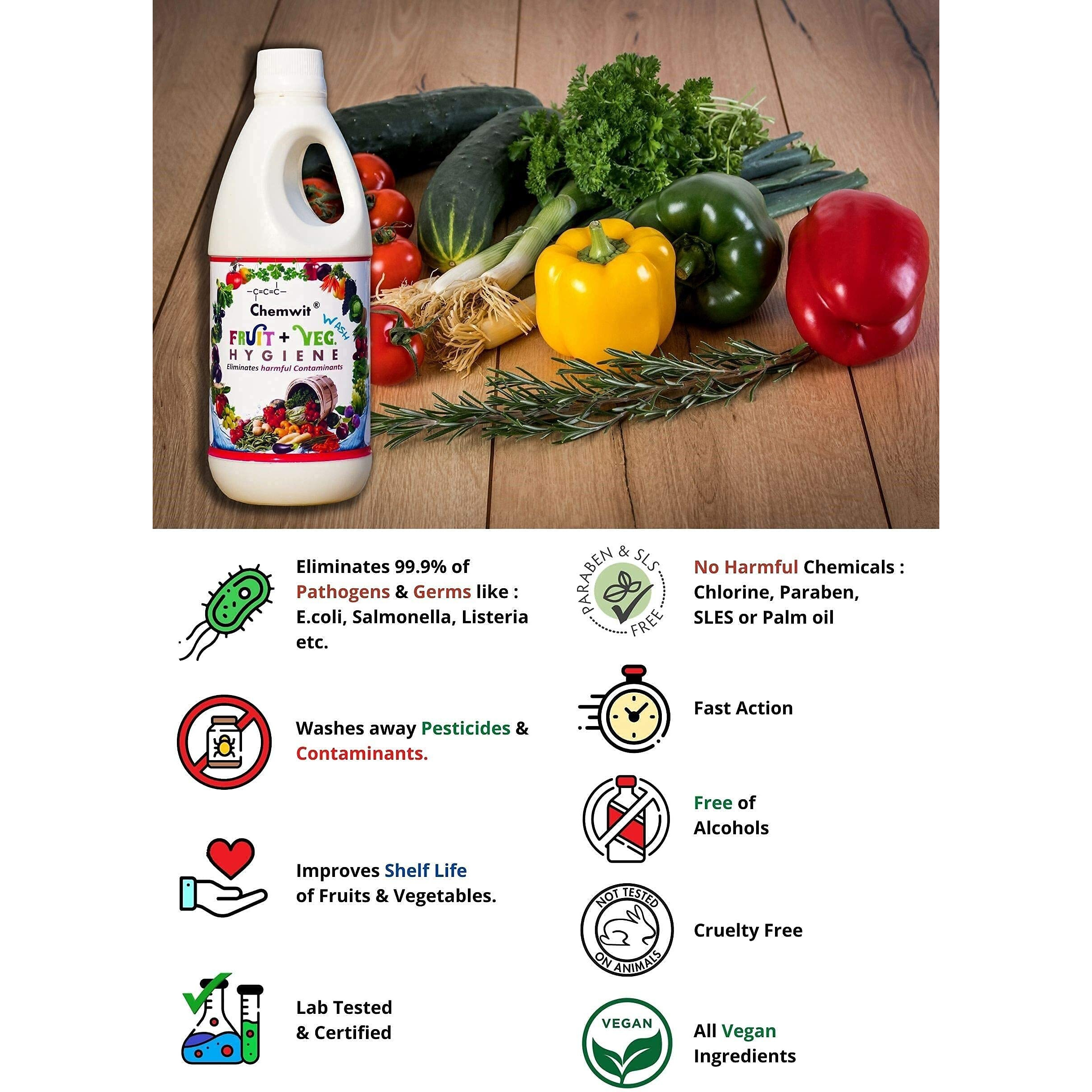 Chemwit Fruit And Vegetable Wash Hygiene (500 Ml) | Clean Fruits And Vegetables | Disinfectant Wash For Fruits & Vegetables | Remove Germs, Pesticides & Increase Shelf Life | Safe Hygiene Wash