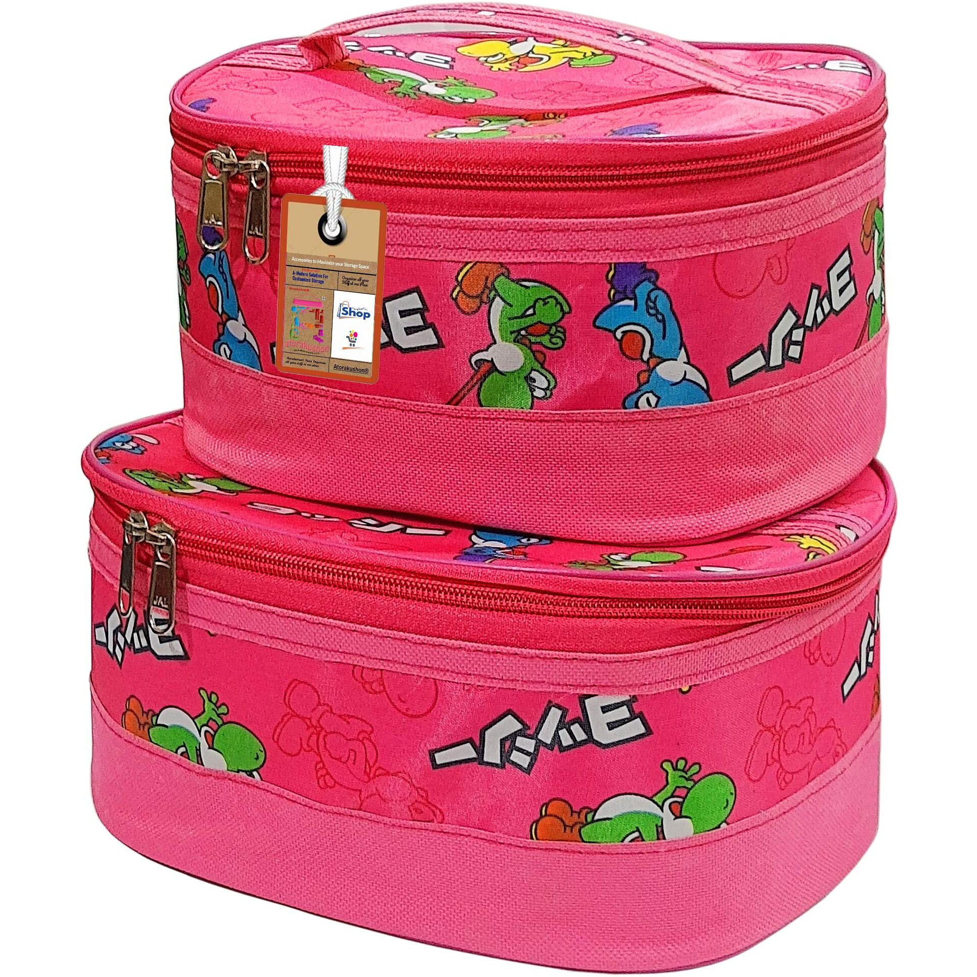 Atorakushon Makeup Storage Box Cosmetic Vanity Travel Toiletry Bag Necklace Organizer Jewellery Pouch For Women (Pink Set Of 2 Box)