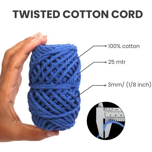 Little Birdie Macrame Thread For Craft | Cotton Twisted Cord Royal Blue 3Mm 3 Ply 25 Mtr| Cotton Thread For Craft