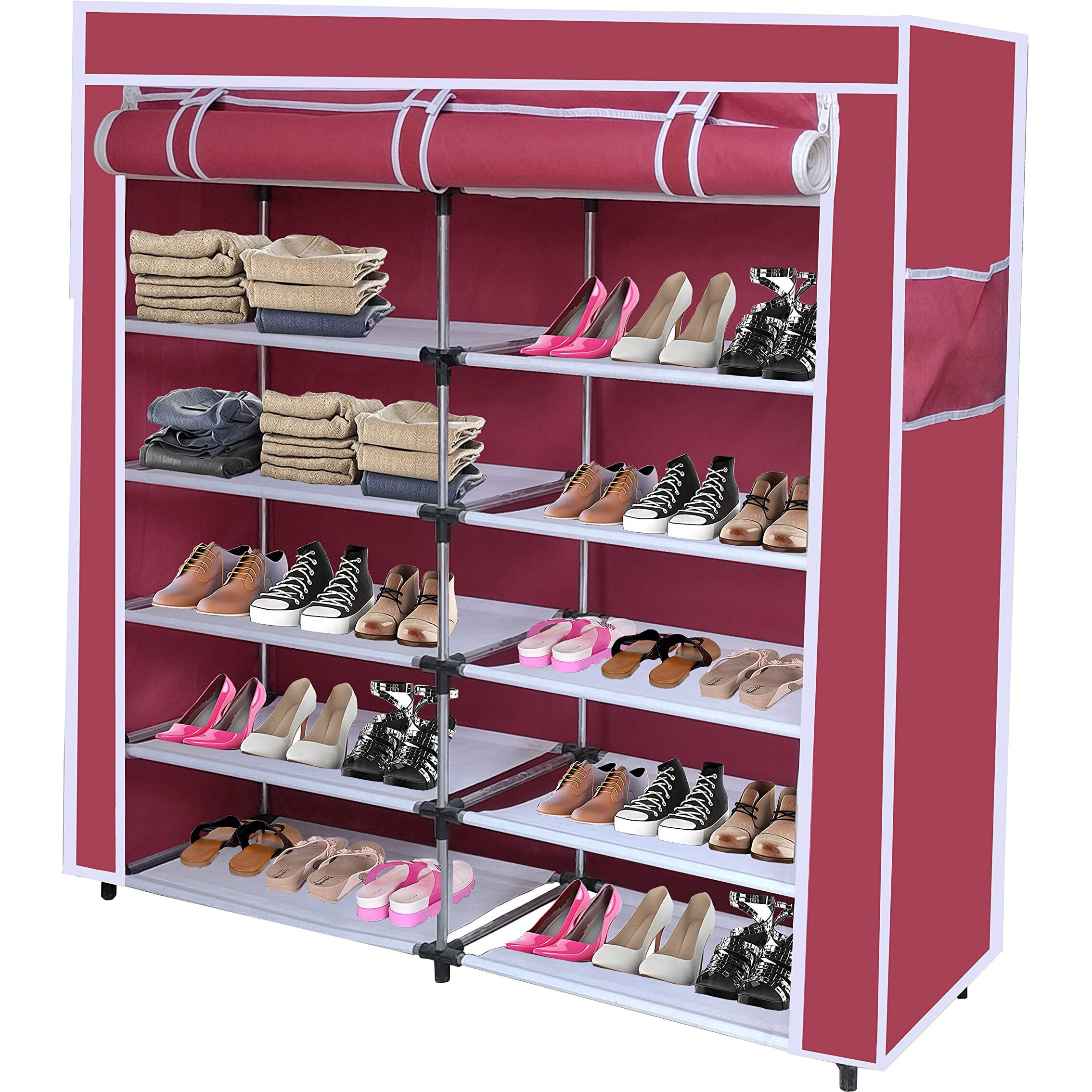 Gtc Multipurpose Portable Shoe Cabinet Rack Light Weight Foldable Shelves Storage Organizer With Wardrobe Cover For Home (12 Layer, Maroon) Storage Unit