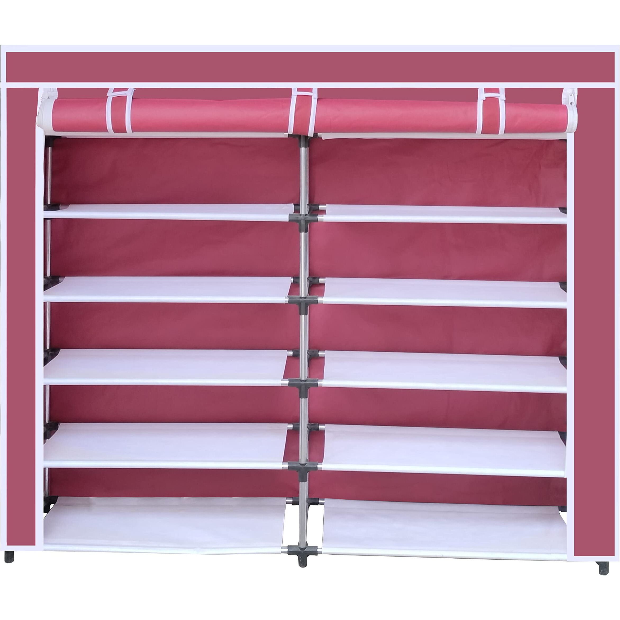 Gtc Multipurpose Portable Shoe Cabinet Rack Light Weight Foldable Shelves Storage Organizer With Wardrobe Cover For Home (12 Layer, Maroon) Storage Unit