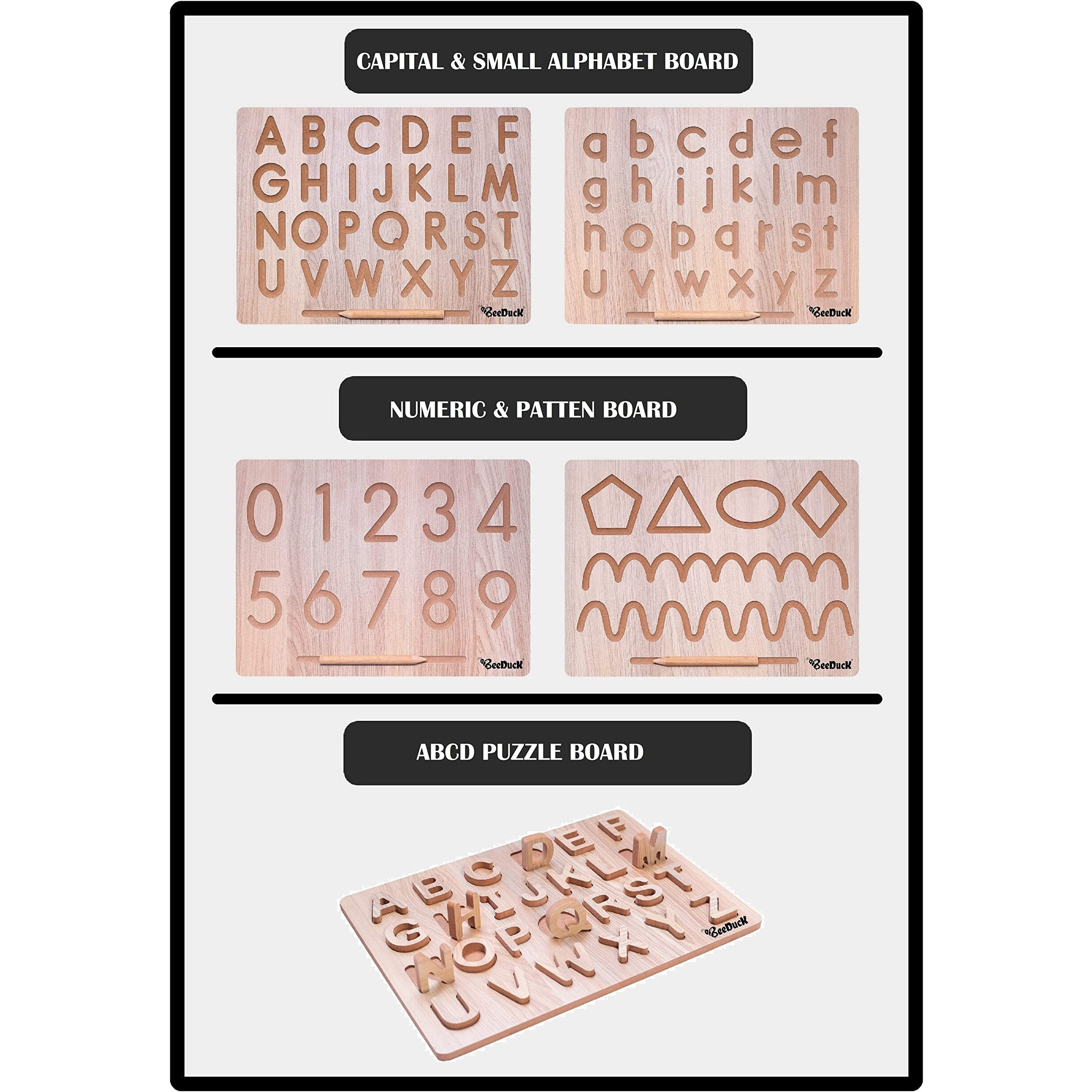 Beeduck Wooden Learning & Educational Capital & Small Alphabet, Numeric & Patten And Puzzel Board For 2 To 6 Years Old Kids (Combo Of 3 Board Puzzle, Alphabet, Numeric & Patten)