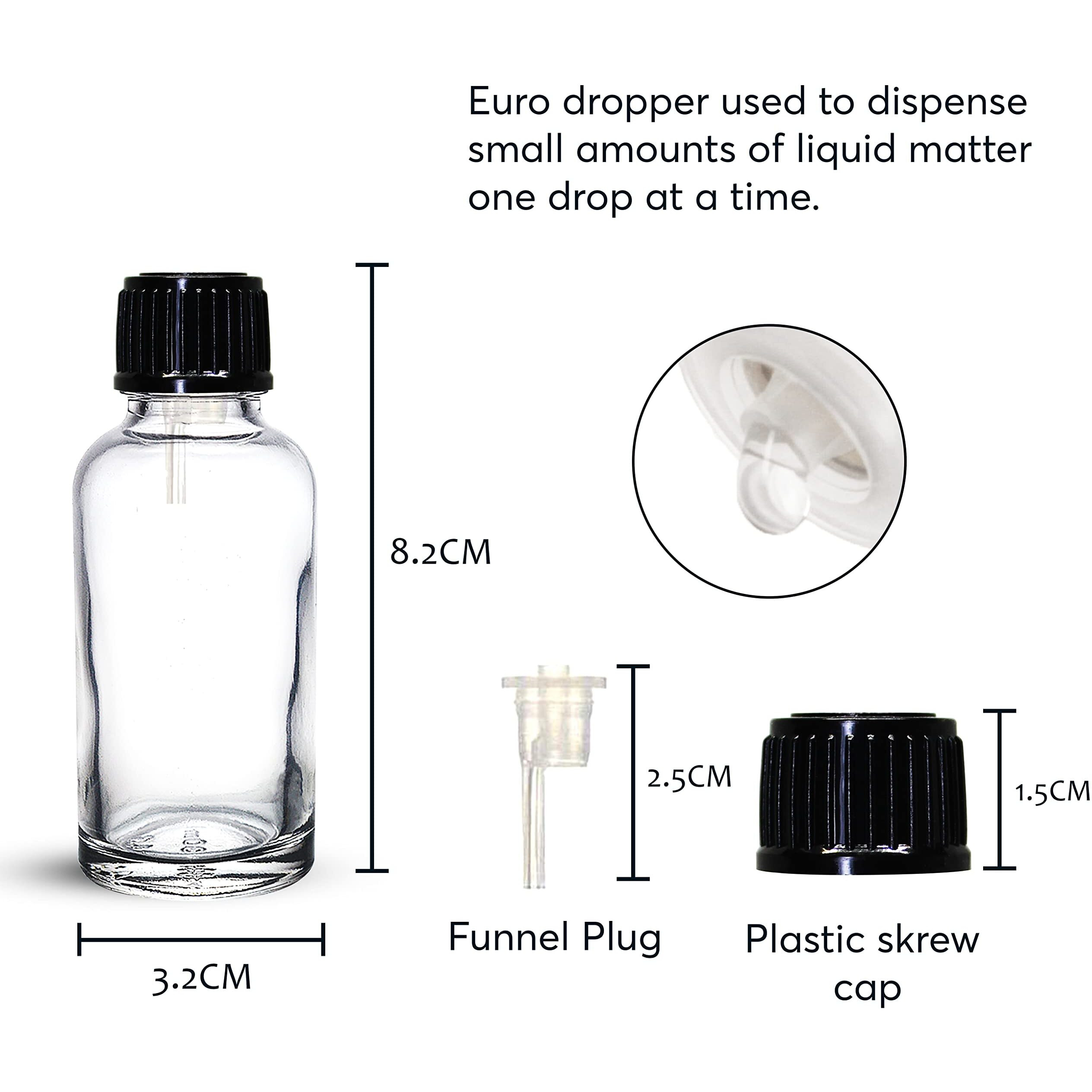 Nsb Herbals 30 Ml Clear/Transparent Round Empty Glass Bottle + Euro Dropper + Black Cap, Refillable, Leak Proof For Essential Oils, Diy Perfumes (Pack Of 6)