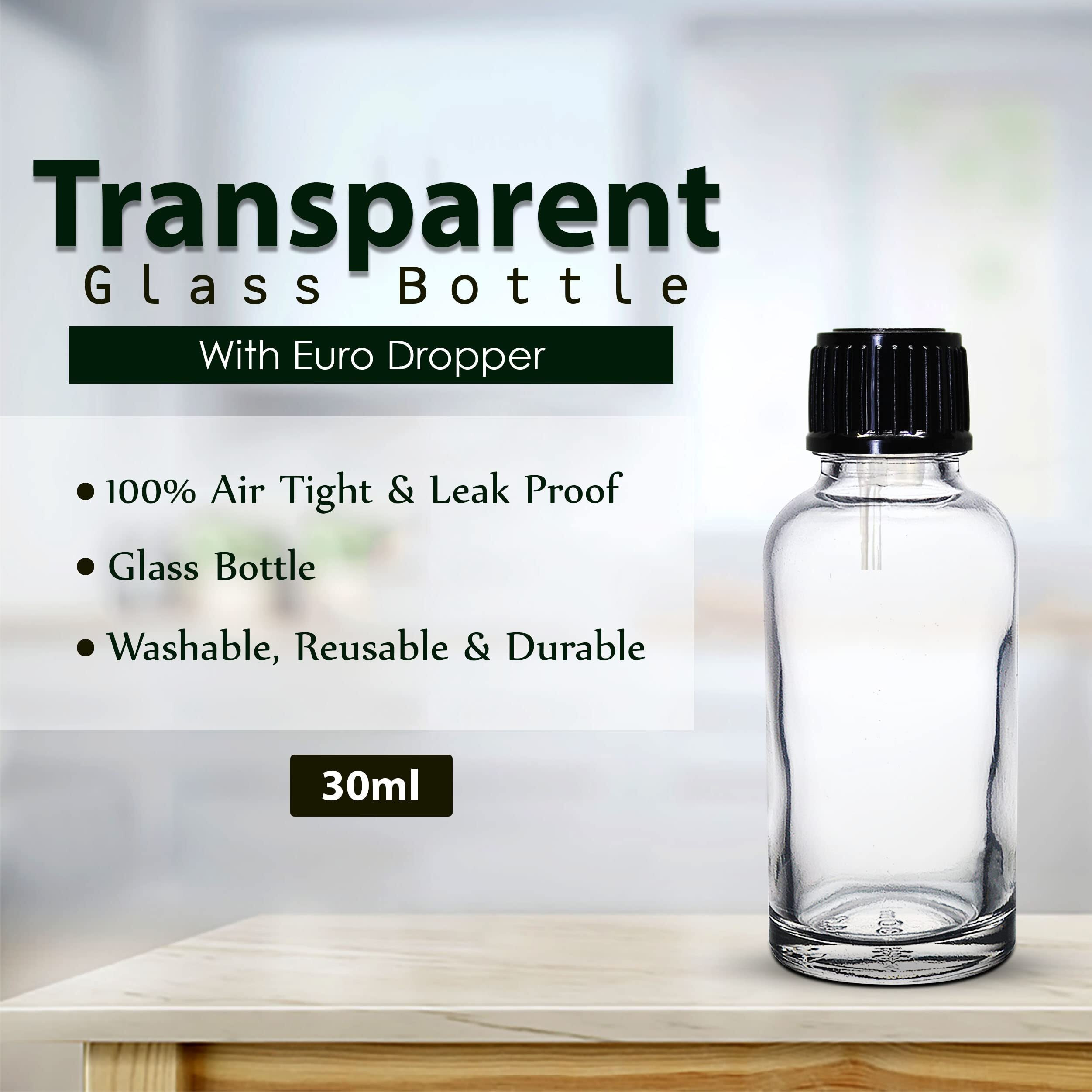 Nsb Herbals 30 Ml Clear/Transparent Round Empty Glass Bottle + Euro Dropper + Black Cap, Refillable, Leak Proof For Essential Oils, Diy Perfumes (Pack Of 6)