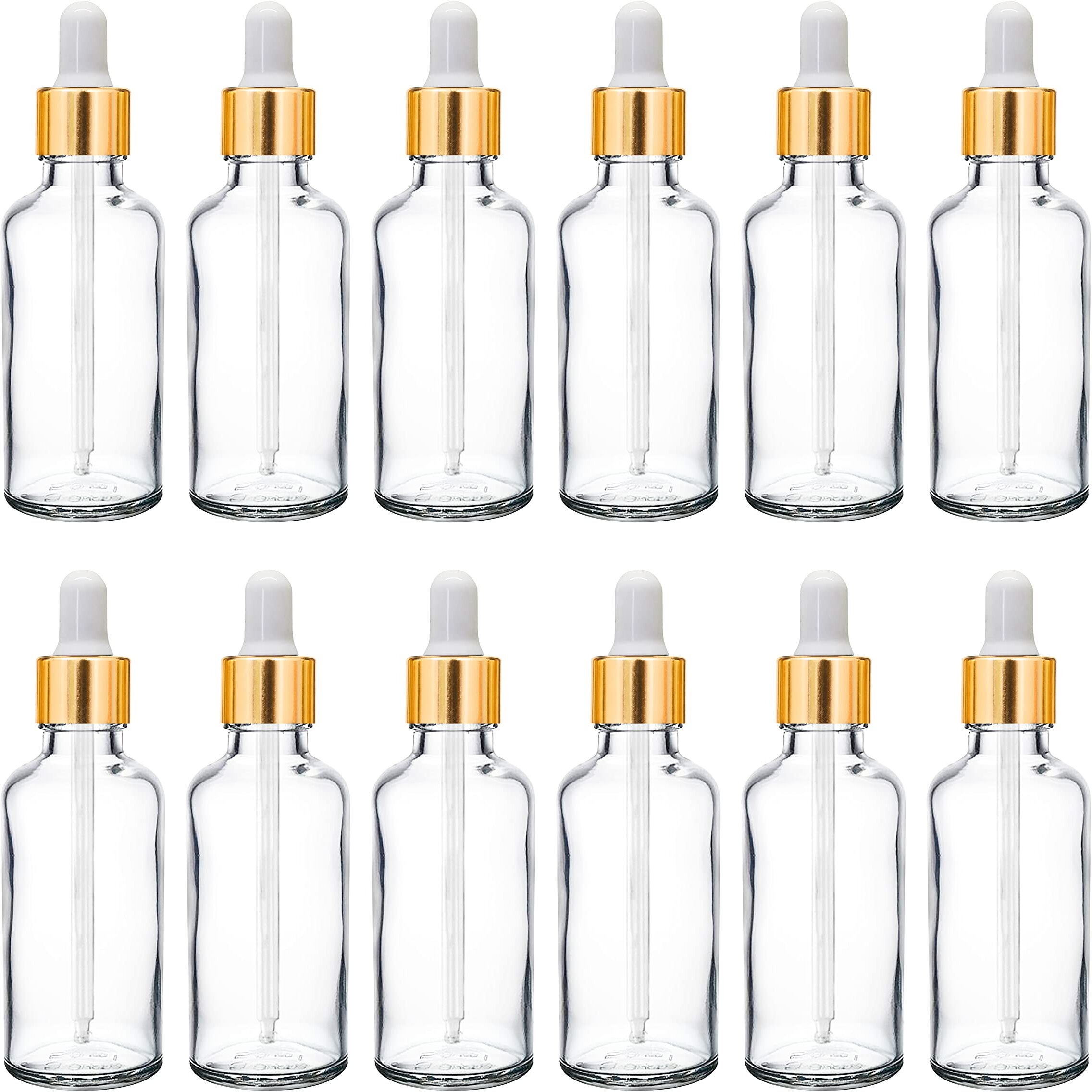 Nsb Herbals 50 Ml Clear/Transparent Round Empty Glass Bottle + Glass Dropper + Gold Ring + Silcon White Teat, Refillable, Leak Proof For Essential Oils, Perfumes (Pack Of 12)