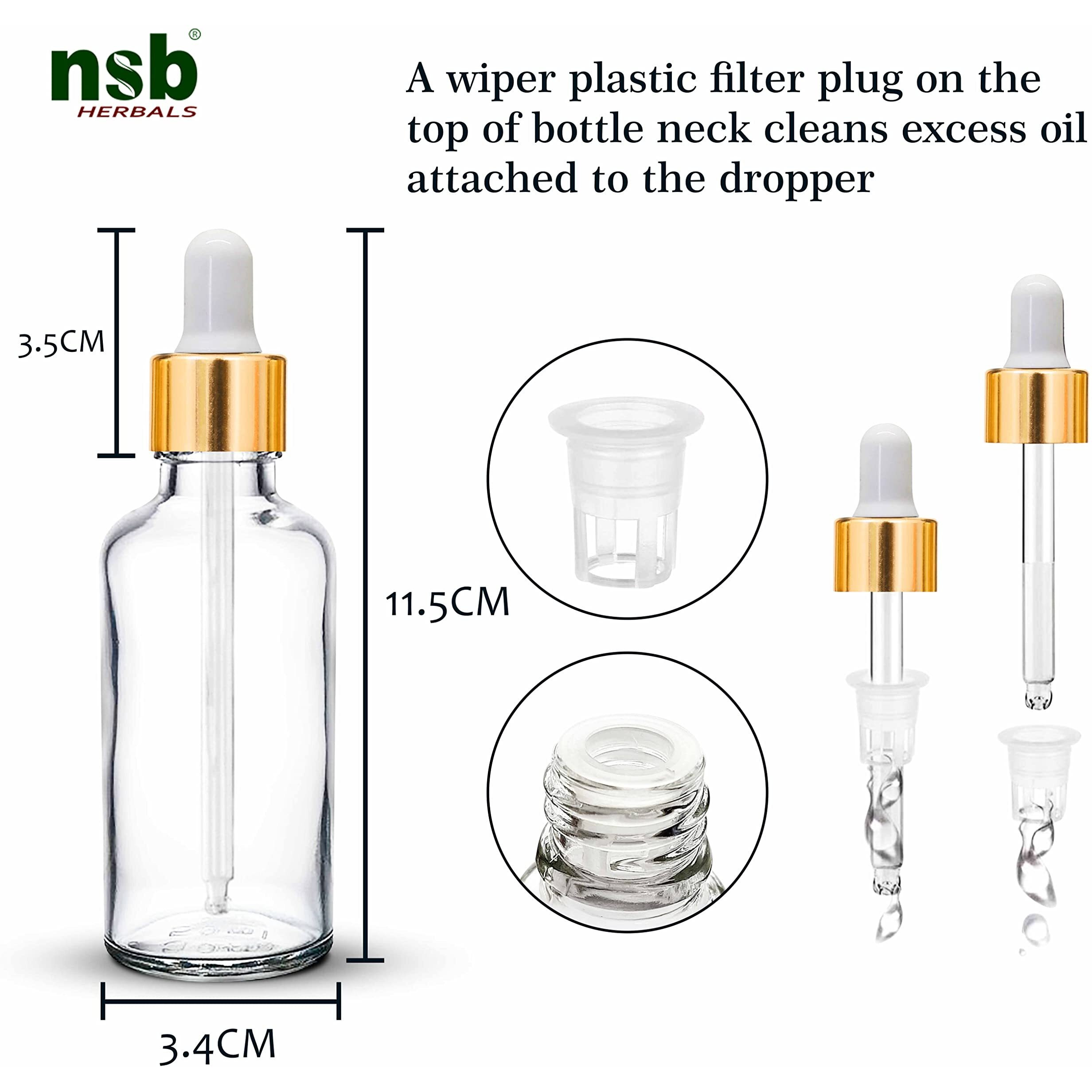 Nsb Herbals 50 Ml Clear/Transparent Round Empty Glass Bottle + Glass Dropper + Gold Ring + Silcon White Teat, Refillable, Leak Proof For Essential Oils, Perfumes (Pack Of 12)