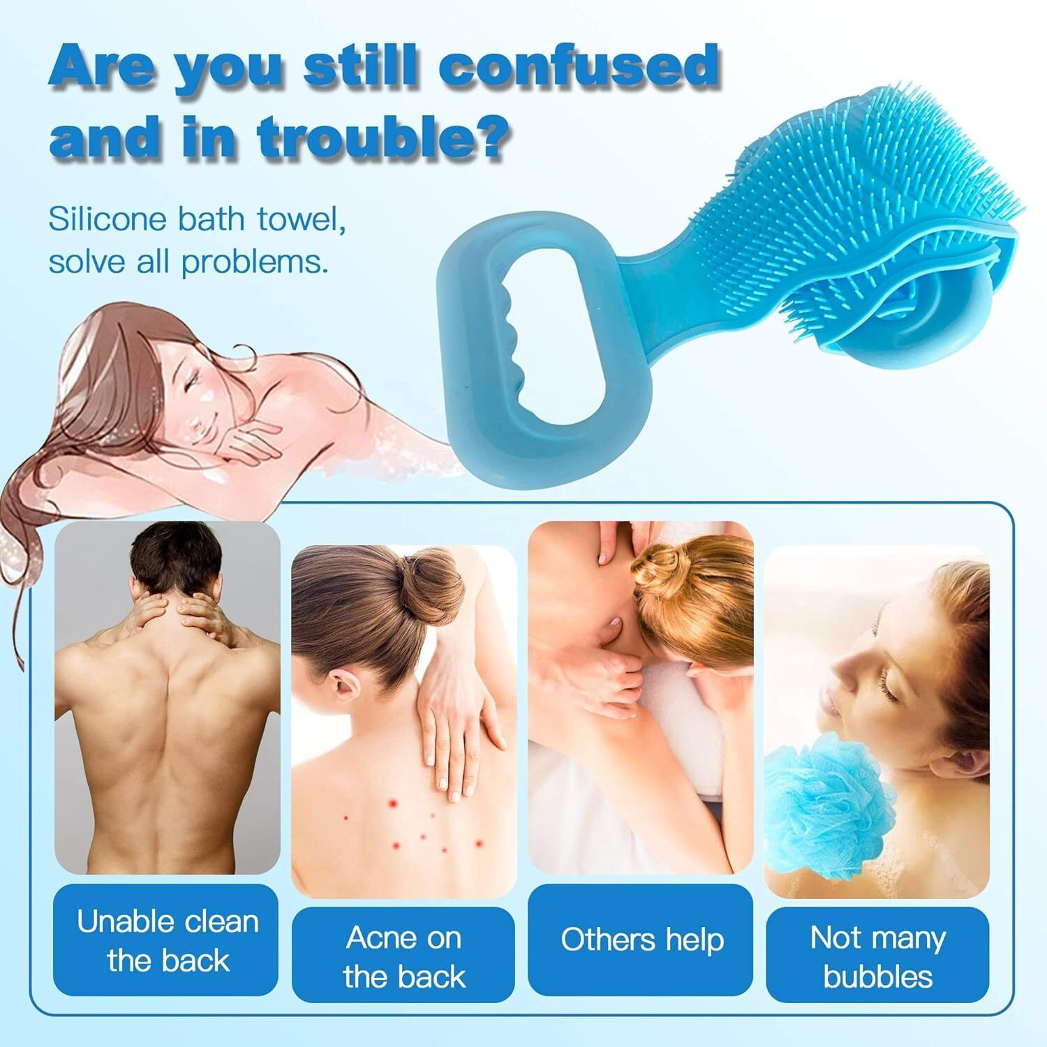 Lozox Silicone Back Scrubber For Shower, Silicone Body Scrubber,Extra Long Bath Body Brush Silicone Back Brush Exfoliating Body Scrubber With Handle For Men Women (Single)