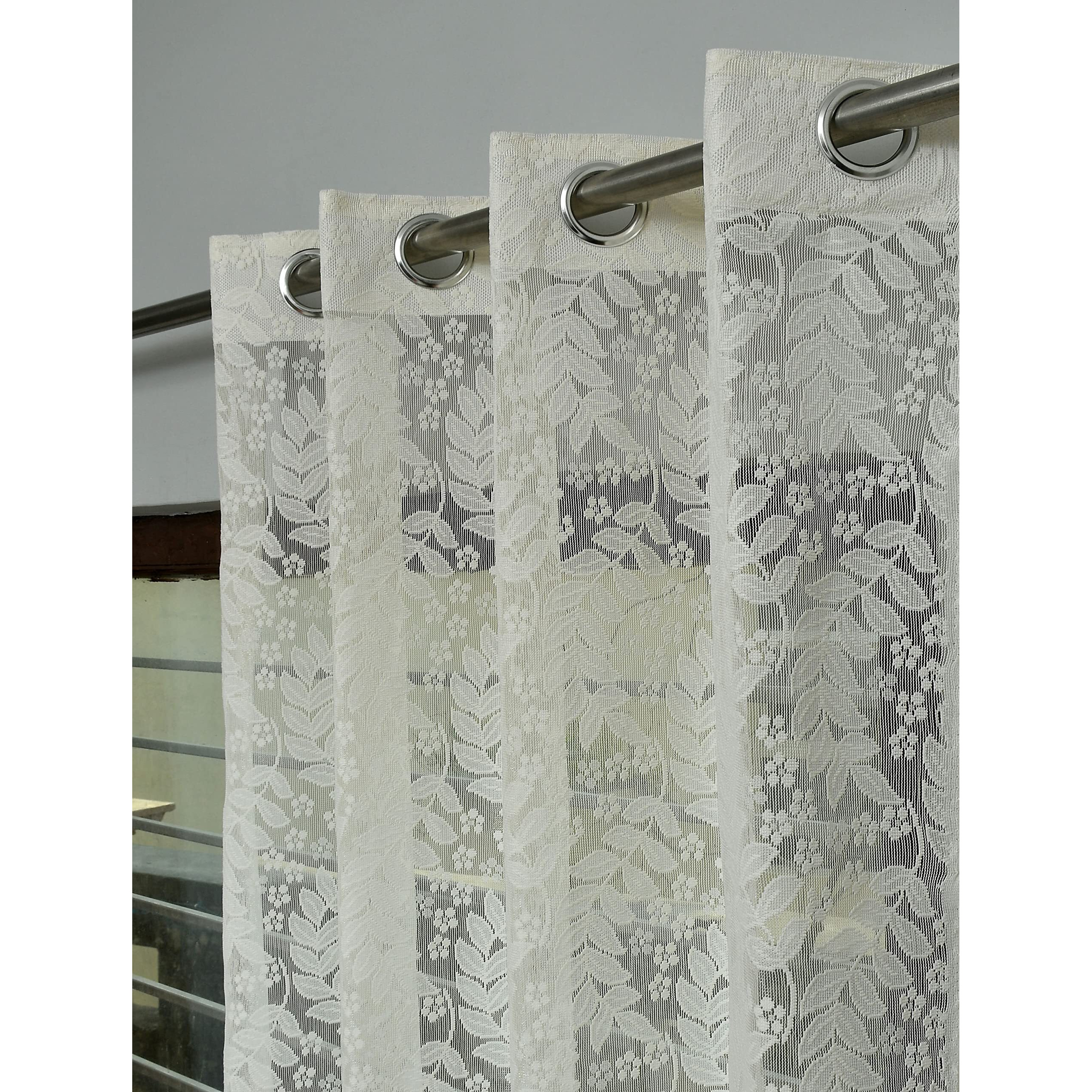 Yellow Weaves Net Curtain For Door, Cream Color, Leaves String, 9 Feet - Pack Of 2, Grommets