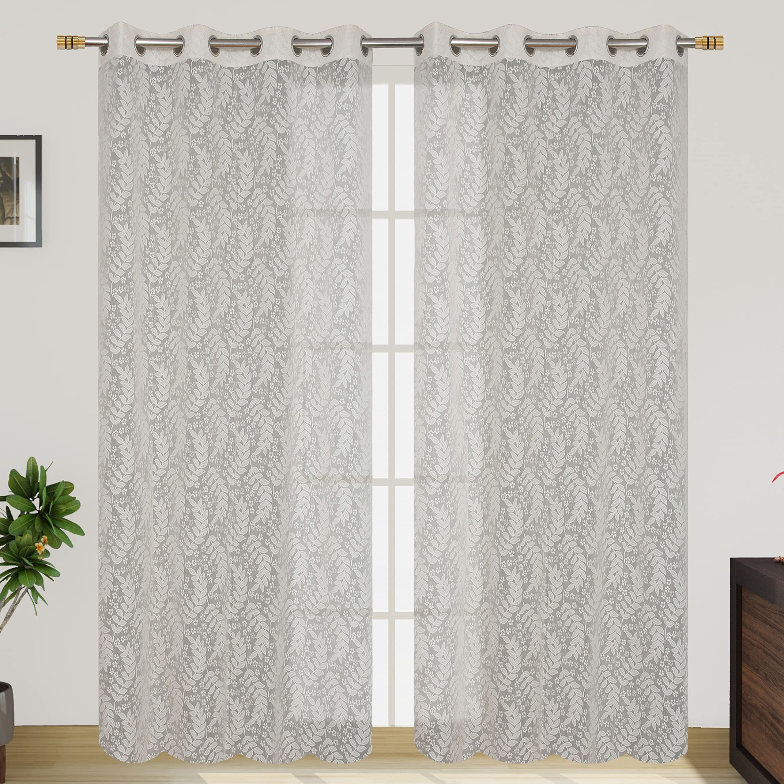 Yellow Weaves Net Curtain For Door, Cream Color, Leaves String, 9 Feet - Pack Of 2, Grommets