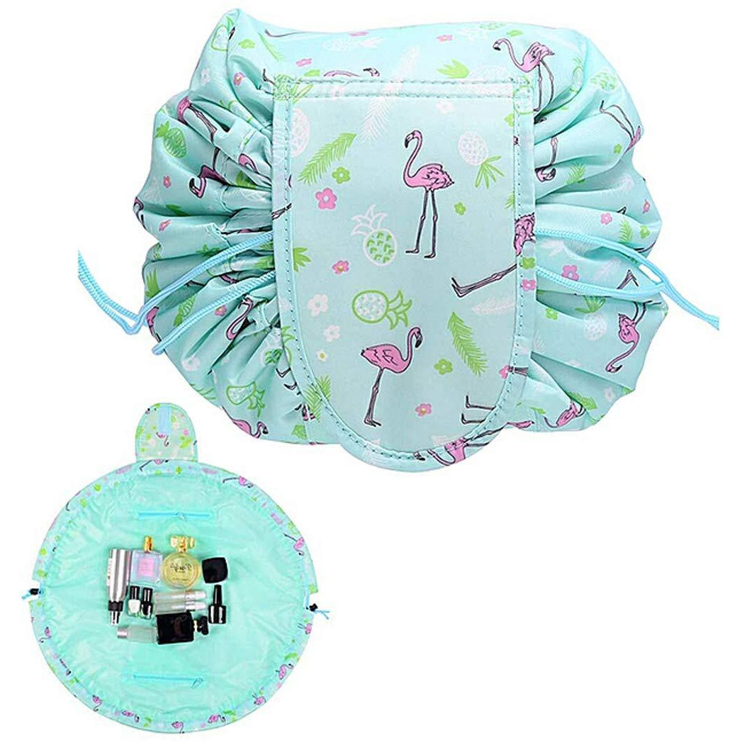 Favria Portable Drawstring Makeup Bag, Drawstring Cosmetic Bag Large Capacity Lazy Travel Makeup Pouch Magic Toiletry Bag For Womens Girls (Green Flamingo)