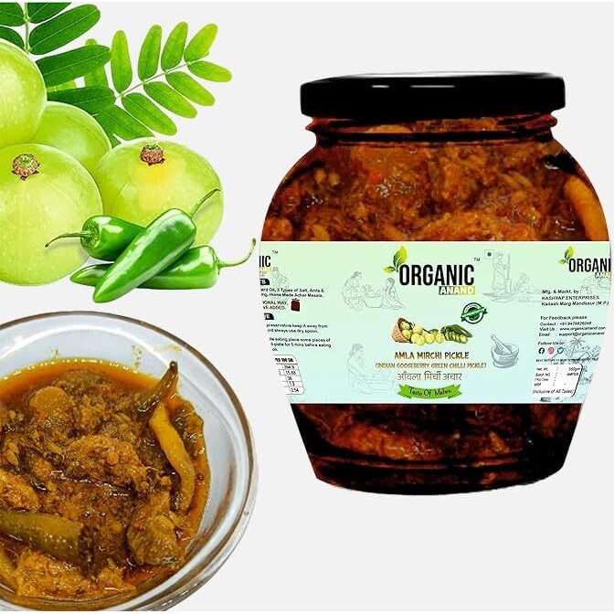Organic Anand | Pure & Natural Amla -Mirchi Pickle | Indian Gooseberry & Green Chilly Pickle | Fresh Amla & Green Chilli Homemade Pickle | Authentic, No Preservative | 350 Gm Matka Jar