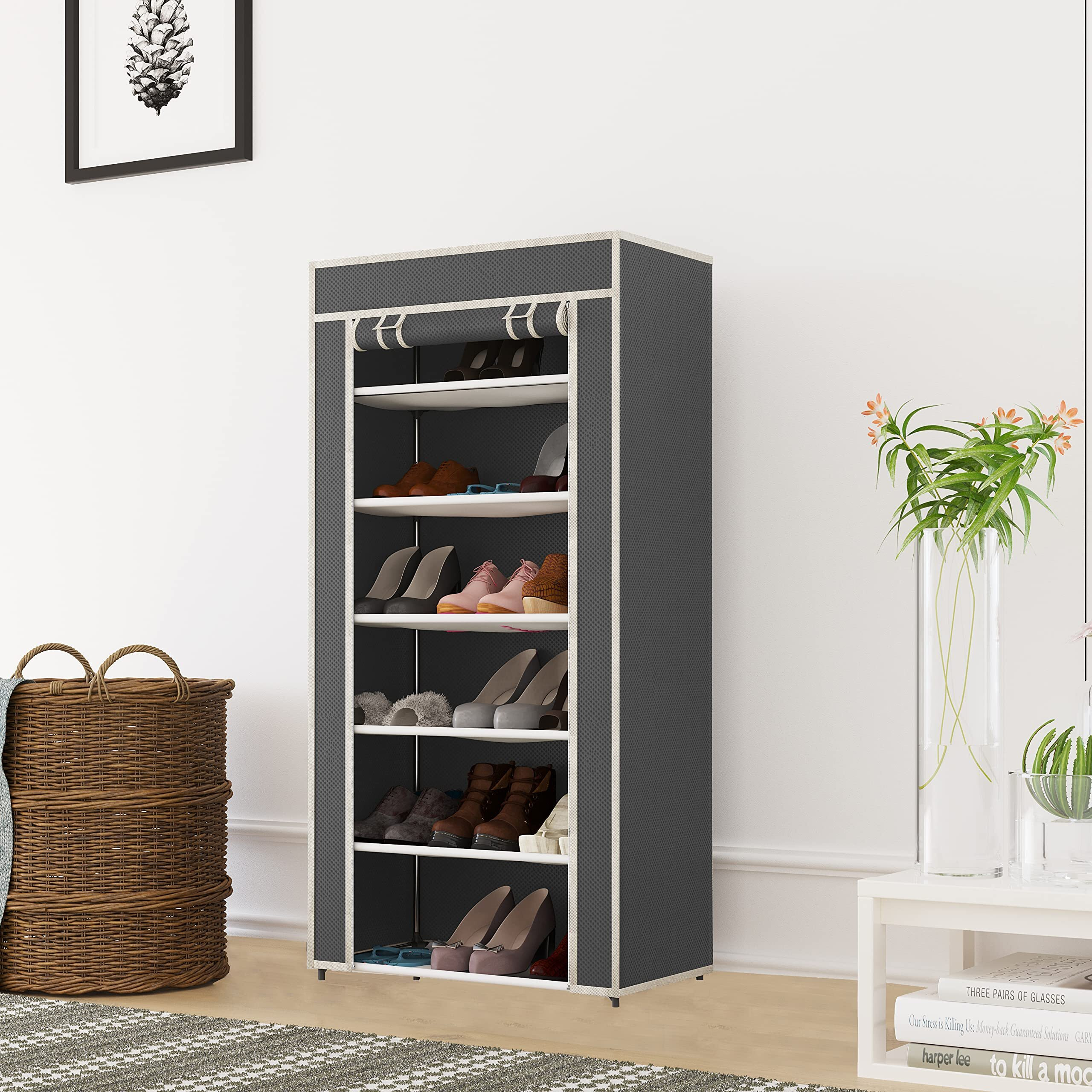 Gtc Multipurpose Portable Shoe Cabinet Rack Light Weight Foldable Shelves Storage Organizer With Wardrobe Cover For Home (6 Layer, Grey) Storage Unit