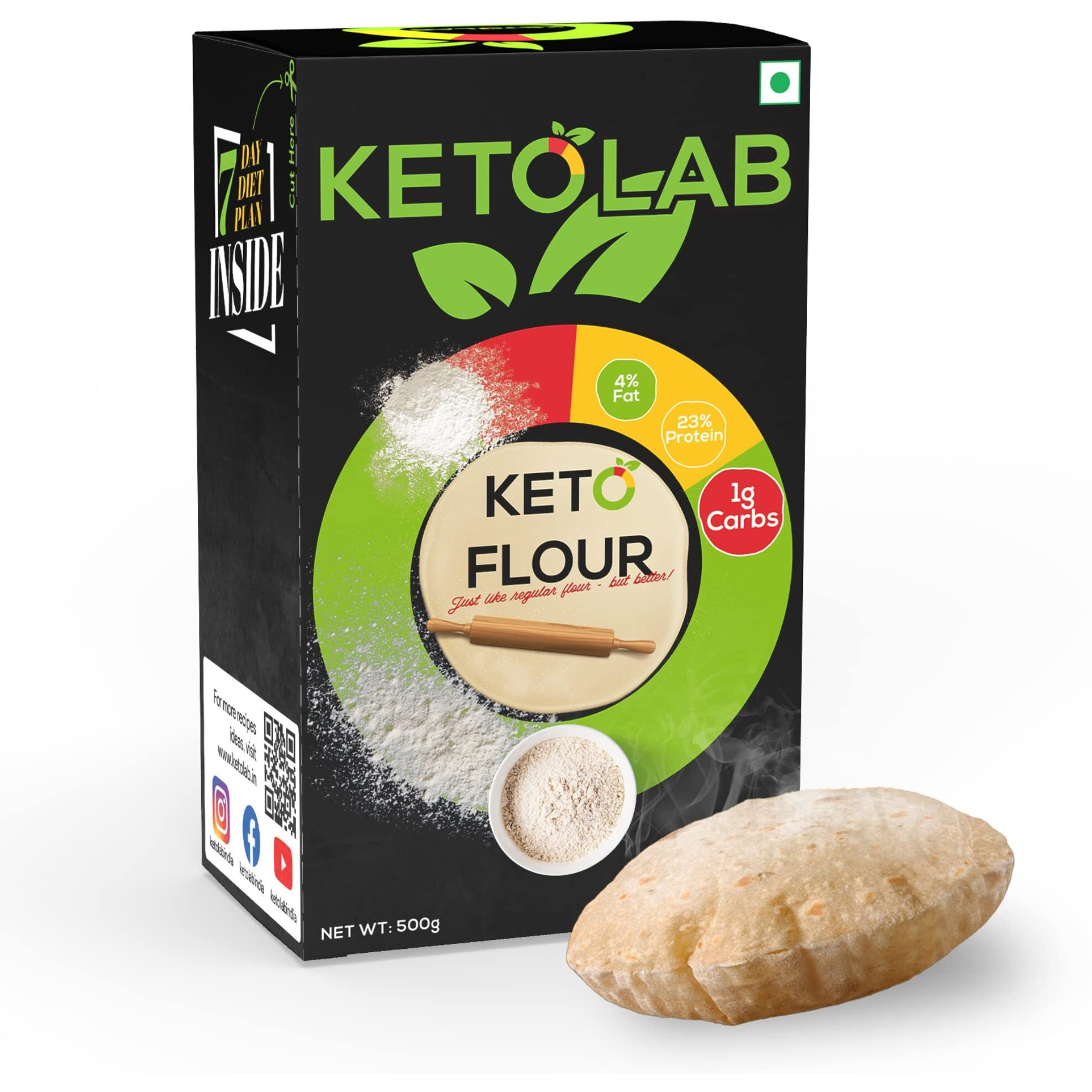 Ketolab Keto Aata Flour, 200 Gms, 1 Pack, 1G Net Carb & 23% High Protein/Soft Roti, Identical To Wheat Flour, Ultra Low Carb, Pre-Biotic High Fibre, Low Gi, Keto Diet, Weight Loss, Diabetic Friendly