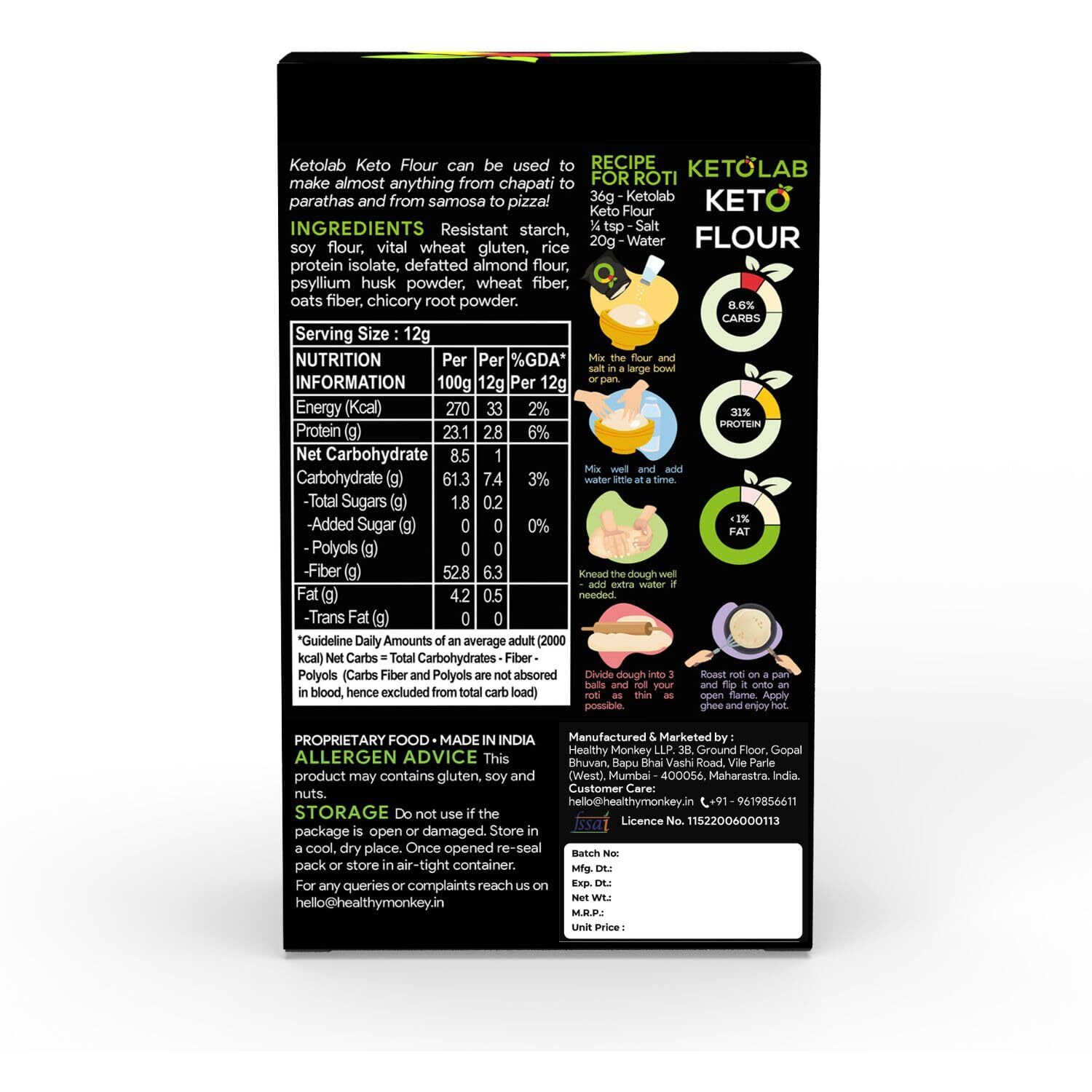 Ketolab Keto Aata Flour, 200 Gms, 1 Pack, 1G Net Carb & 23% High Protein/Soft Roti, Identical To Wheat Flour, Ultra Low Carb, Pre-Biotic High Fibre, Low Gi, Keto Diet, Weight Loss, Diabetic Friendly