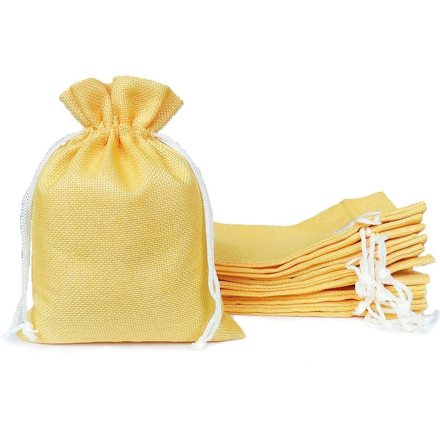 Lifekrafts Yellow Color Jute Linen Pouches| Size- 20X25 Cm| Pack Of 10| Drawstring Gift Bags| Jute Natural Pouches| Return Gift Bags For Festivals, Weddings, Functions, Baby Showers, Parties.