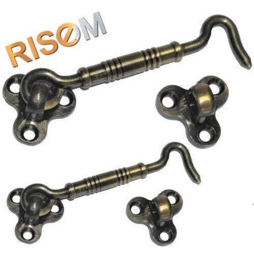 Riseom Brass Gate Hook/Window Hook For Double Doors Gates/Windows(Flower Eye) Pack Of 2 (4 Inch, Antique Brass)