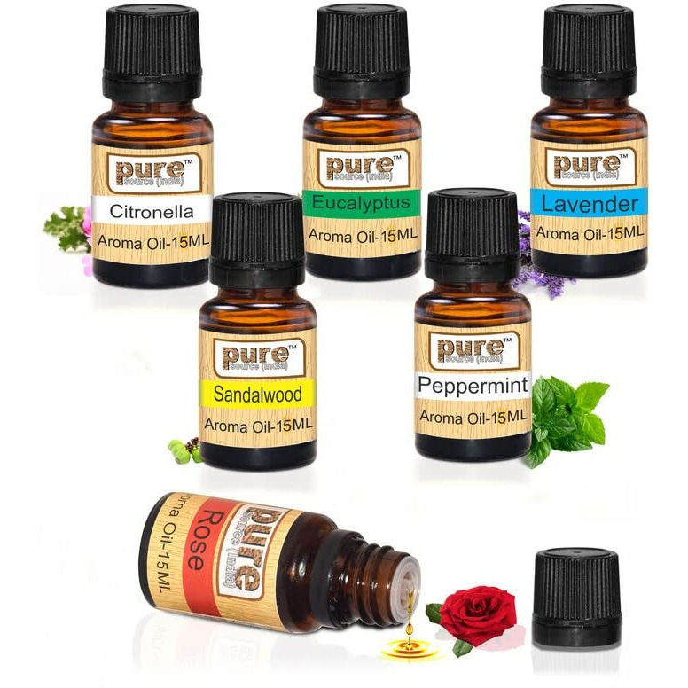 Pure Source India 6 In One Aroma Oil Pack (Lavender, Rose,Citronella, Eucalyptus, Peppermint,Sandal Wood,15 Ml Each) 6 Essential Oil In One Bunch.