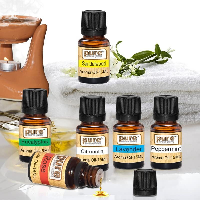 Pure Source India 6 In One Aroma Oil Pack (Lavender, Rose,Citronella, Eucalyptus, Peppermint,Sandal Wood,15 Ml Each) 6 Essential Oil In One Bunch.