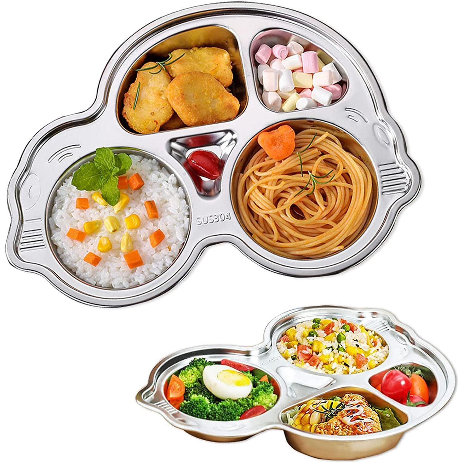 Tickle Tums - 304 Stainless Steel Plates With Compartments 4 Sections Unbreakable Dinner Plates For Kids, Cute Car Shape Kids Divided Plates For Picky Eaters, Lunch, Kids Plates For Food