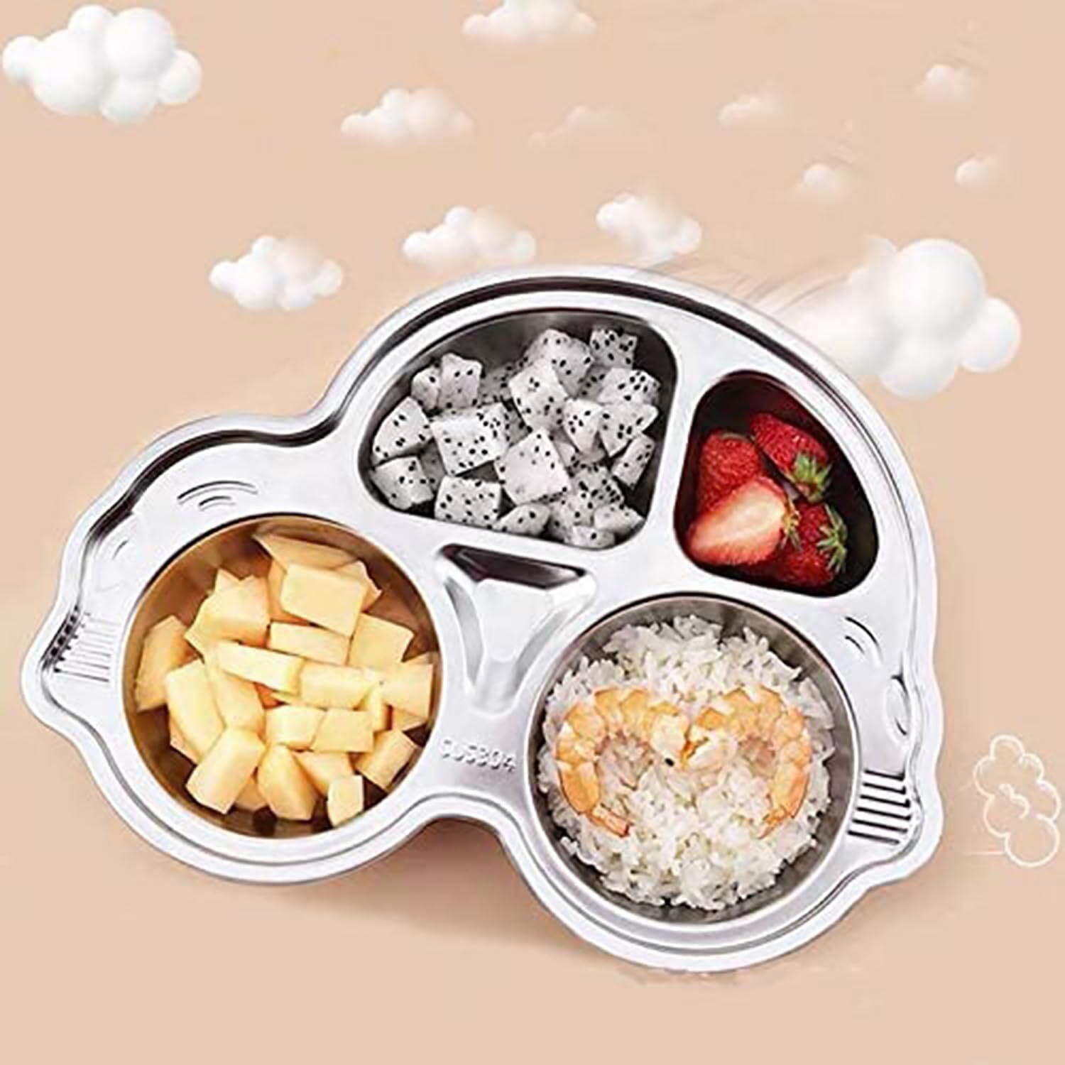 Tickle Tums - 304 Stainless Steel Plates With Compartments 4 Sections Unbreakable Dinner Plates For Kids, Cute Car Shape Kids Divided Plates For Picky Eaters, Lunch, Kids Plates For Food