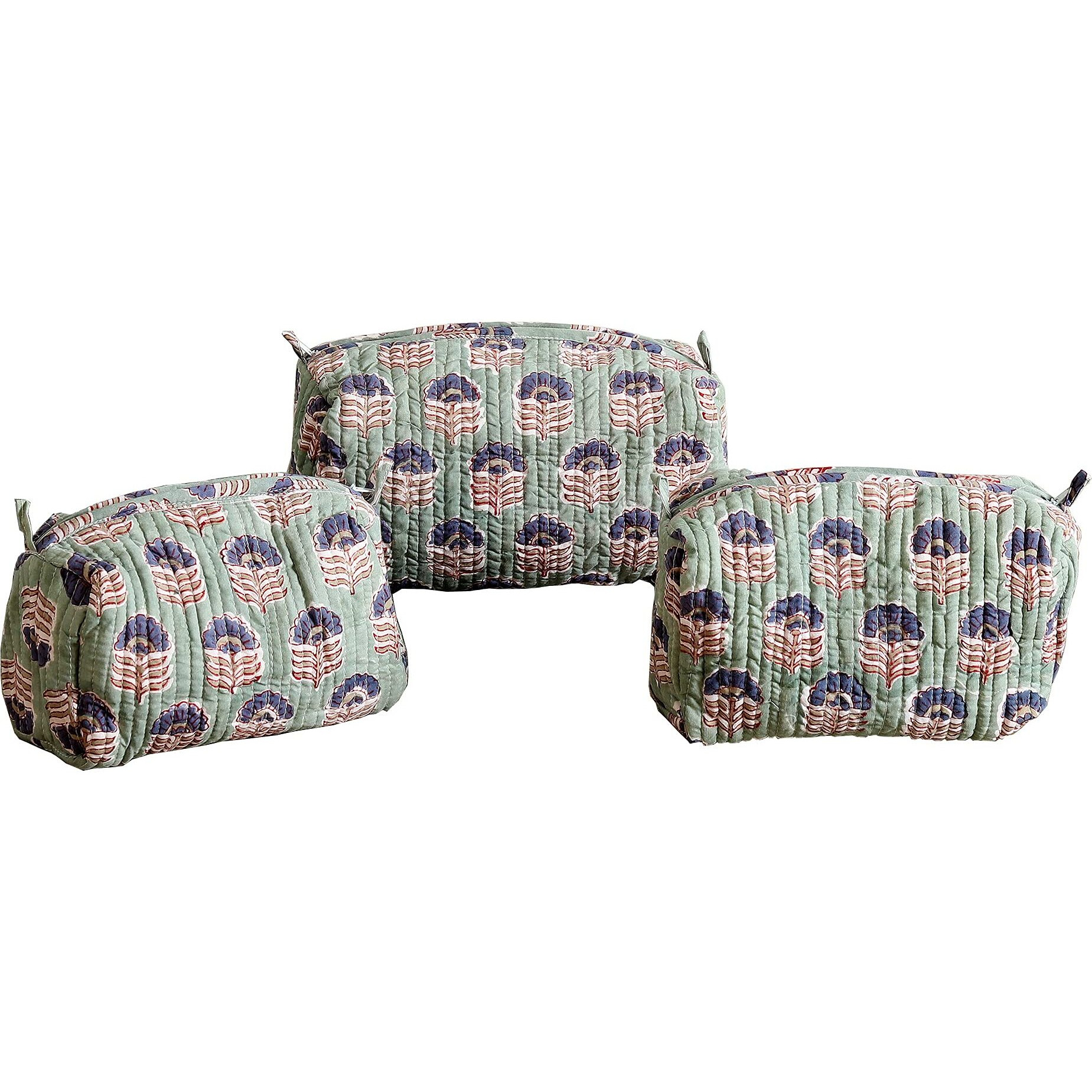 Ravaiyaa - Attitude Is Everything Cotton Hand Block Printed Quilted Floral Traveller Toiletry Bag Waterproof Cosmetic Pouch 3 Piece Combo Set Waterproof Cosmetic Bags (Green)