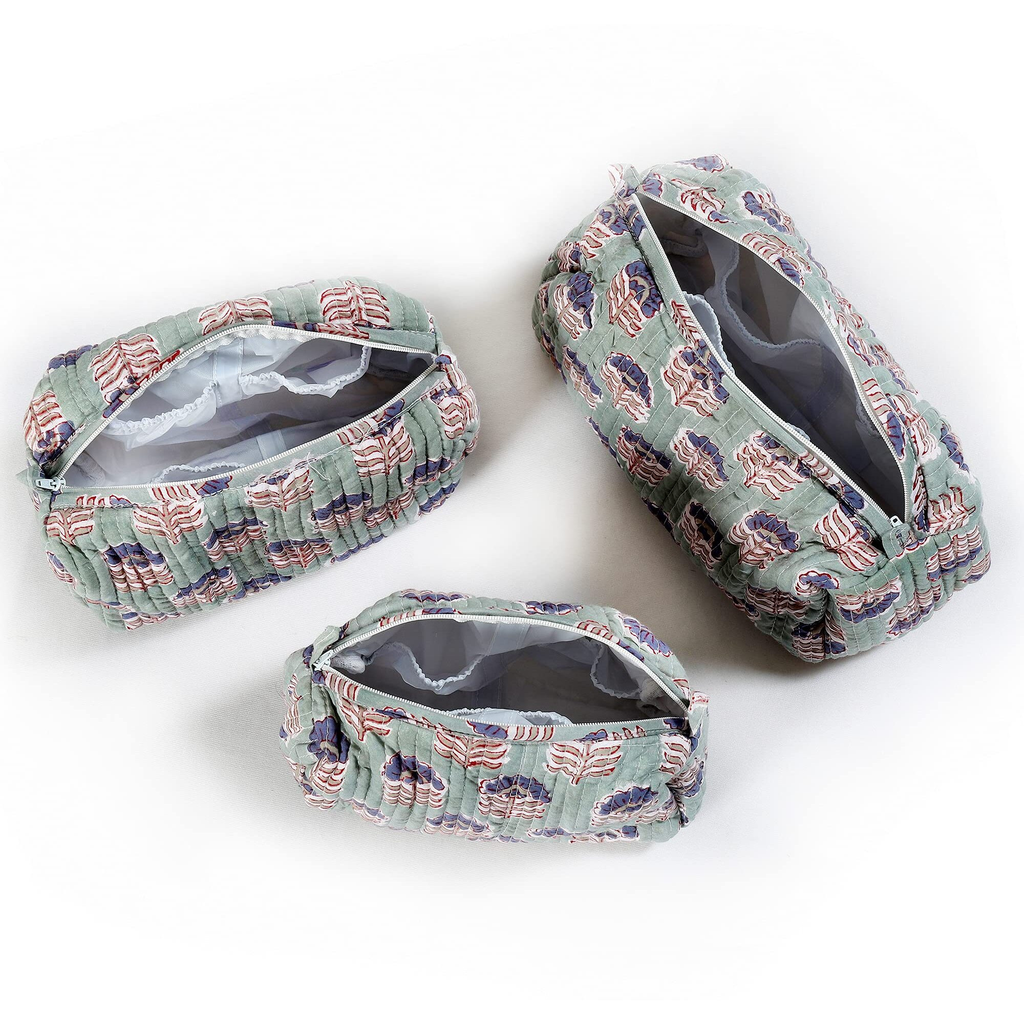 Ravaiyaa - Attitude Is Everything Cotton Hand Block Printed Quilted Floral Traveller Toiletry Bag Waterproof Cosmetic Pouch 3 Piece Combo Set Waterproof Cosmetic Bags (Green)