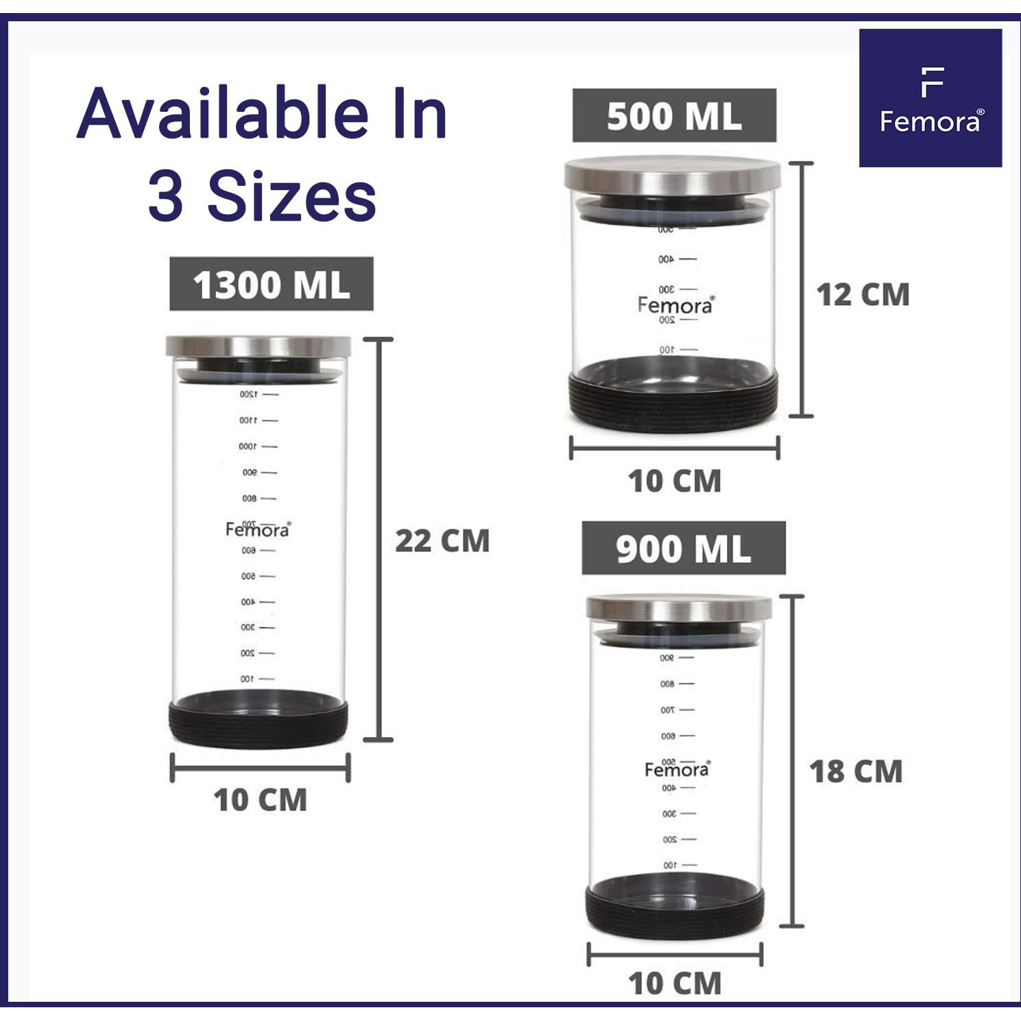 Femora Borosilicate Glass Jar With Silicon Bottom & Air Tight Steel Lid|Glass Jars For Kitchen|Kitchen Storage Jars|1 Year Warranty|Jars For Gifting, Snacks, Spice, Cookies, Dry Food|900 Ml| Set Of 4