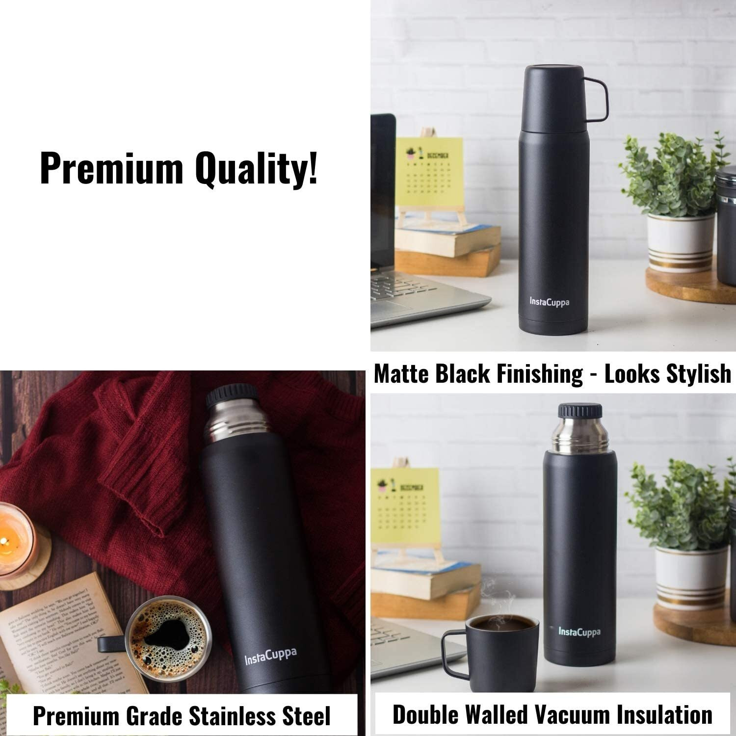Instacuppa Thermosteel Flask With Stainless Steel Mug And Twist Pour Stopper Screw Lid, Double Walled Vacuum Insulated Beverage Bottle, Premium Matte Finishing, (700 Ml, Navy Blue)