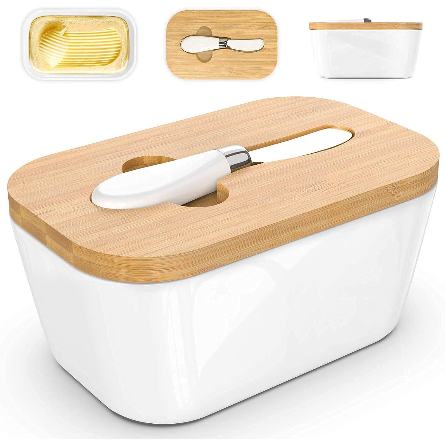 Agabani Butter Dishes Ceramic, A Large Porcelain Butter Keeper With Bamboo Lid And Steel Knife Butter Dish With Wooden Top Cover