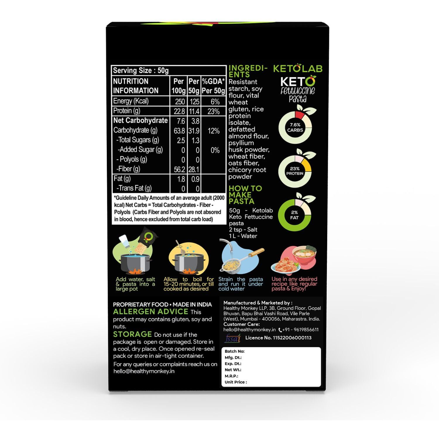 Ketolab Keto Fettucine Pasta (Flat Noodles), 200 Gms, 1 Pack, 3.5G Net Carb & 16G High Protein/Serving, Identical To Regular Pasta, Ultra Low Carb, Pre-Biotic High Fibre, For Keto Diet And Weight Loss