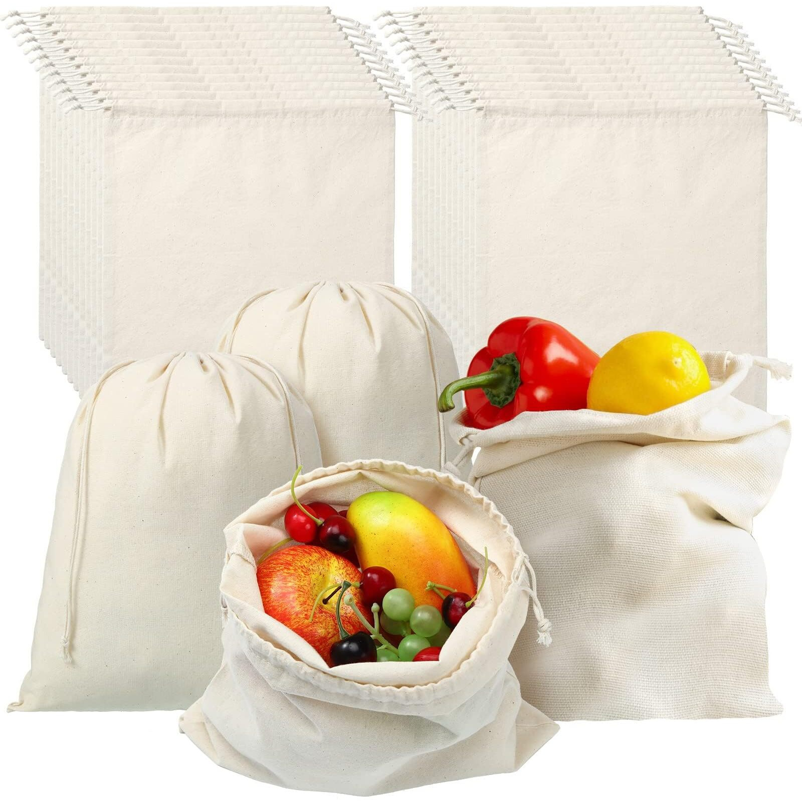 Gowloz Reusable Cotton Drawstring Bags  Washable Multipurpose Storage For Vegetables, Fruits, Grocery, Clothes, Toys & Books  Durable & Eco-Friendly  Set Of 6 (2 Small, 2 Medium, 2 Large)