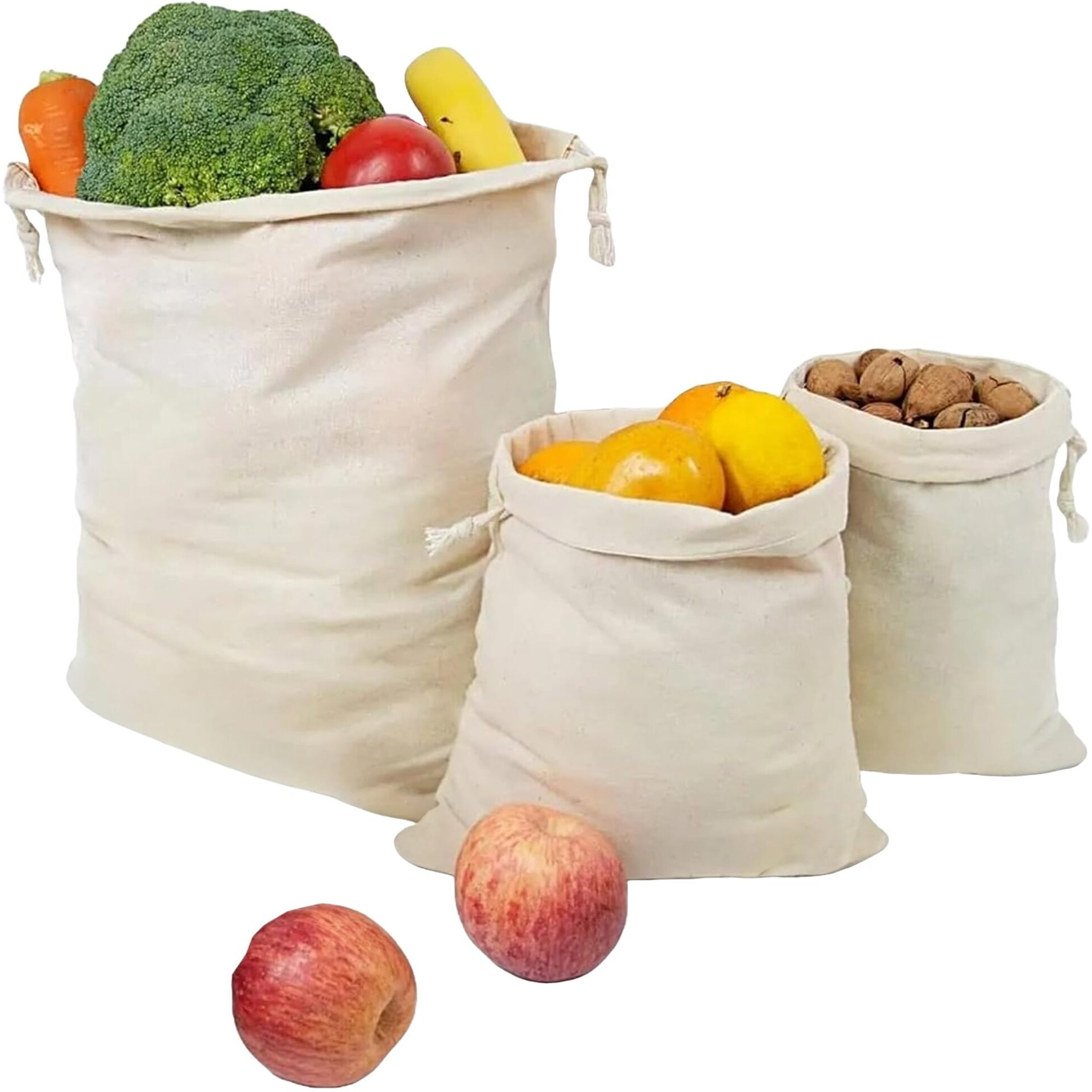 Gowloz Reusable Cotton Drawstring Bags  Washable Multipurpose Storage For Vegetables, Fruits, Grocery, Clothes, Toys & Books  Durable & Eco-Friendly  Set Of 6 (2 Small, 2 Medium, 2 Large)