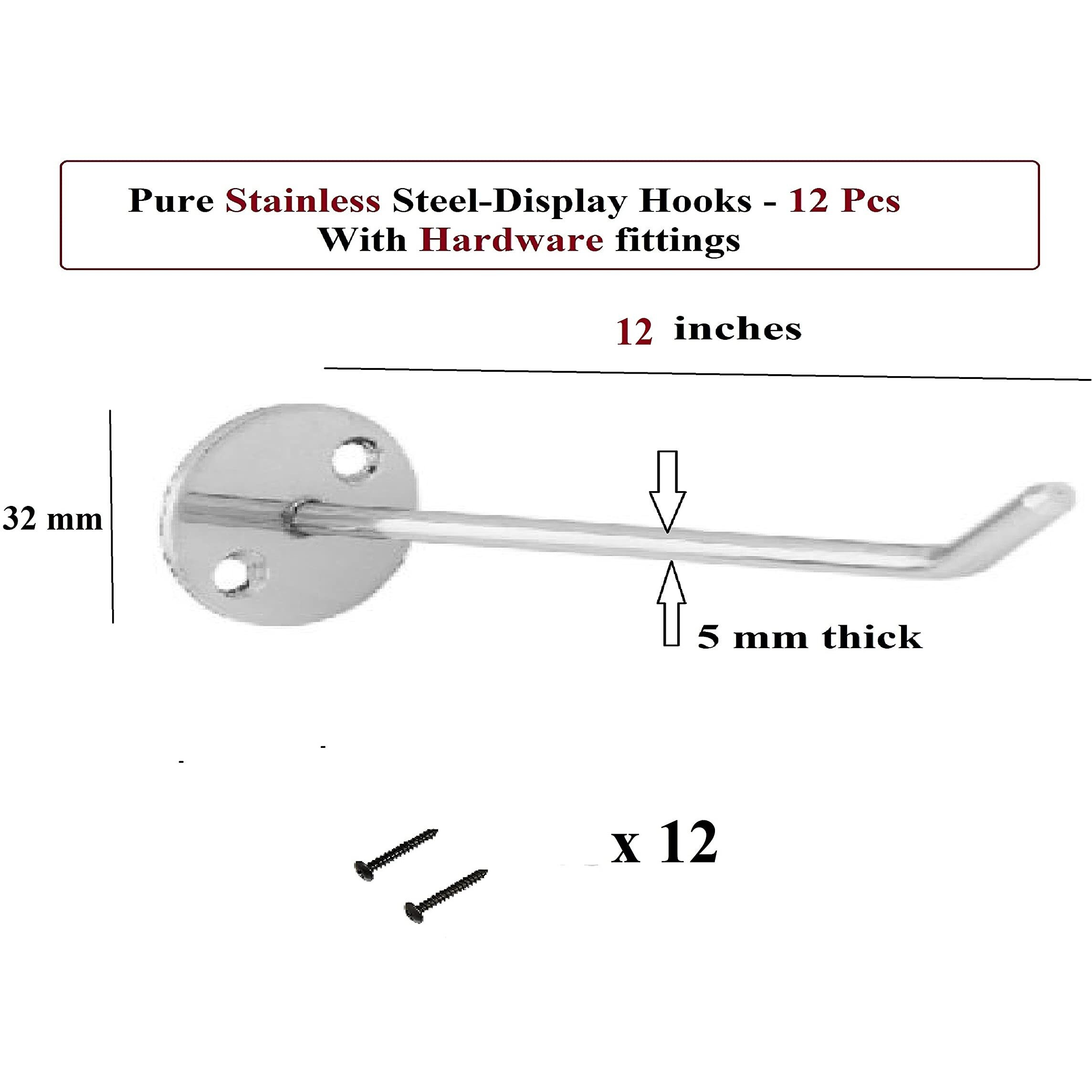 Q1 Beads 12 Pcs 12" Inch Stainless Steel Wall Mount Display Hooks Hanger For Mobile Shop,Supermarket Combo With Screws (Chrome)