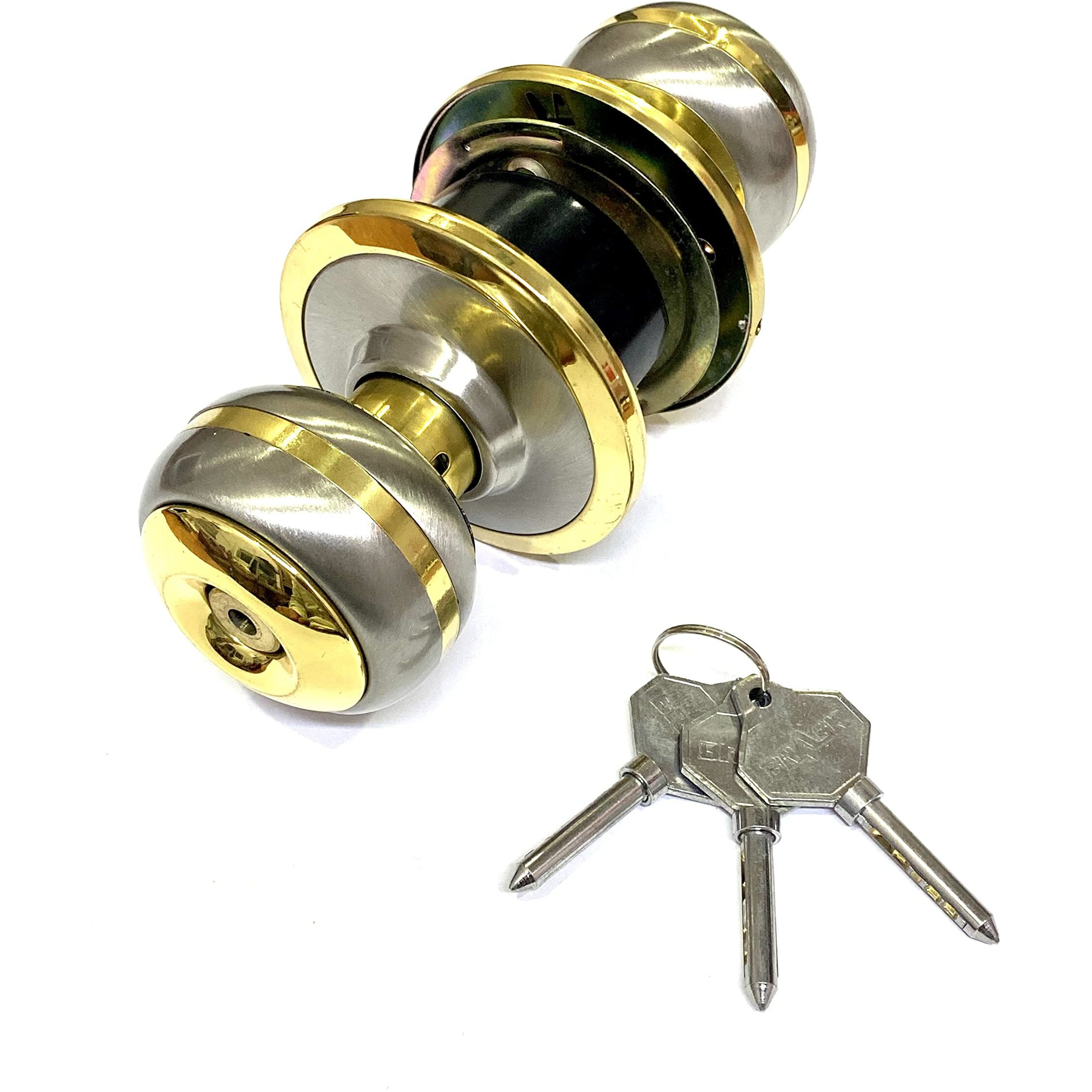 Brask High Security Cylindrical Lock Set - Tubular Lock Set Door Lock Ss-304 With 3 Round Computer Keys (Silver Gold Two Tone)