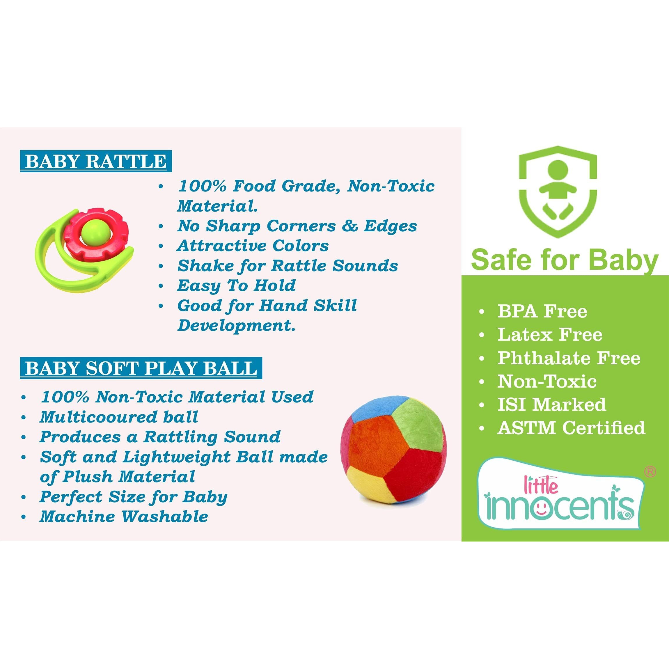Little Innocents Non-Toxic, Bpa Free, Isi Marked Baby Rattles With Baby Soft Toy Play Ball Combo Pack For Infants (2- Pcs Set -Bc)
