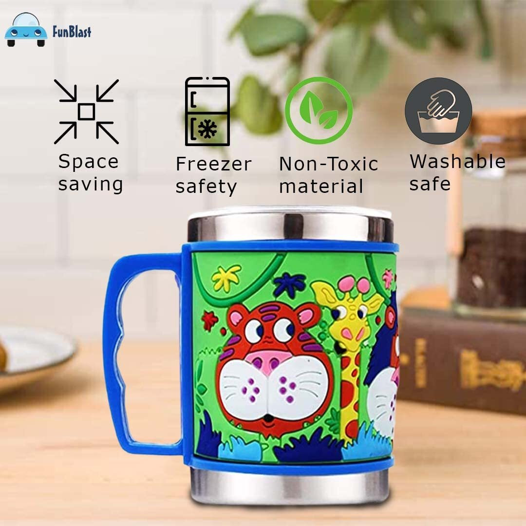 Funblast Stainless Steel Mug Emboss Hot And Cold Coffee/Milk/Tea Mug For Kids Cartoon Print Soft Rubber Design Cup (Random Color And Design), 350 Ml