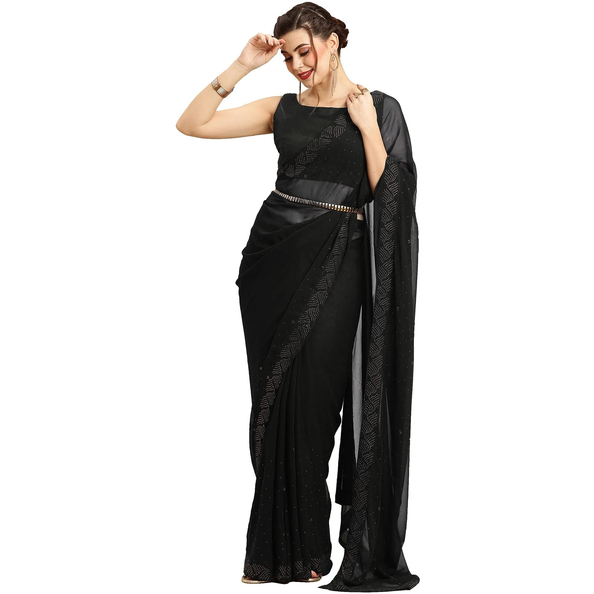 Akhilam Women's Georgette Lace Work Embellished Designer Saree With Unstitched Blouse Piece (Black_Glmp902D)