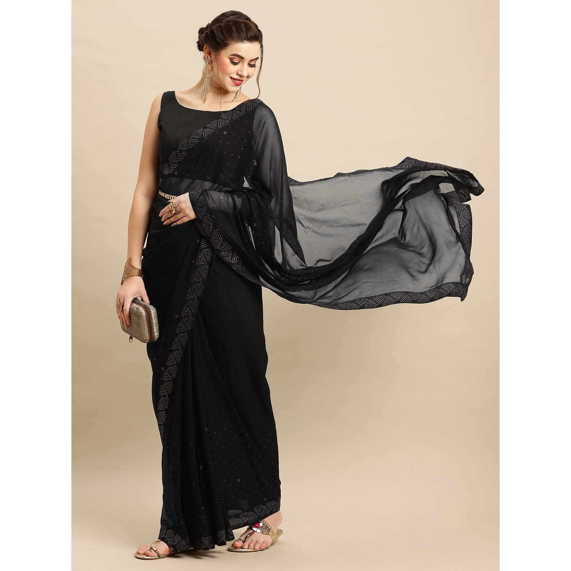 Akhilam Women's Georgette Lace Work Embellished Designer Saree With Unstitched Blouse Piece (Black_Glmp902D)