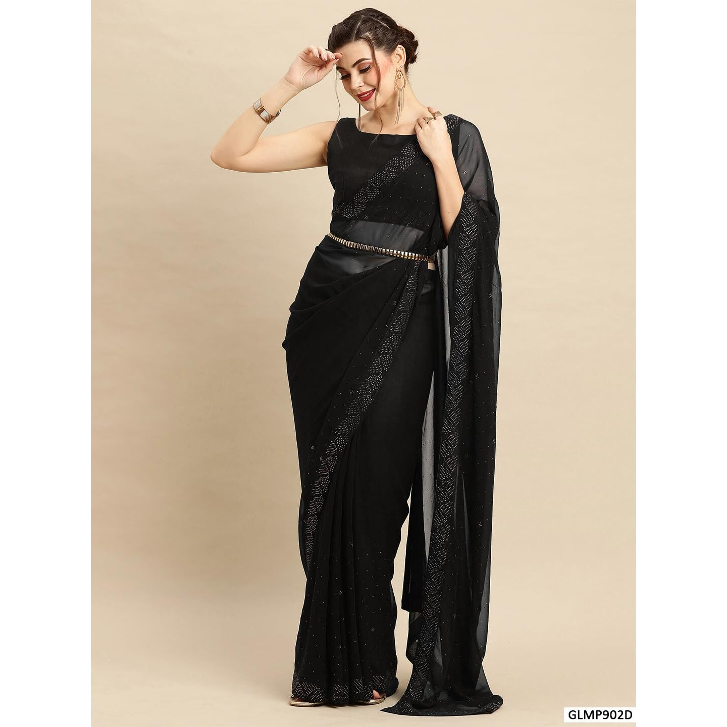 Akhilam Women's Georgette Lace Work Embellished Designer Saree With Unstitched Blouse Piece (Black_Glmp902D)