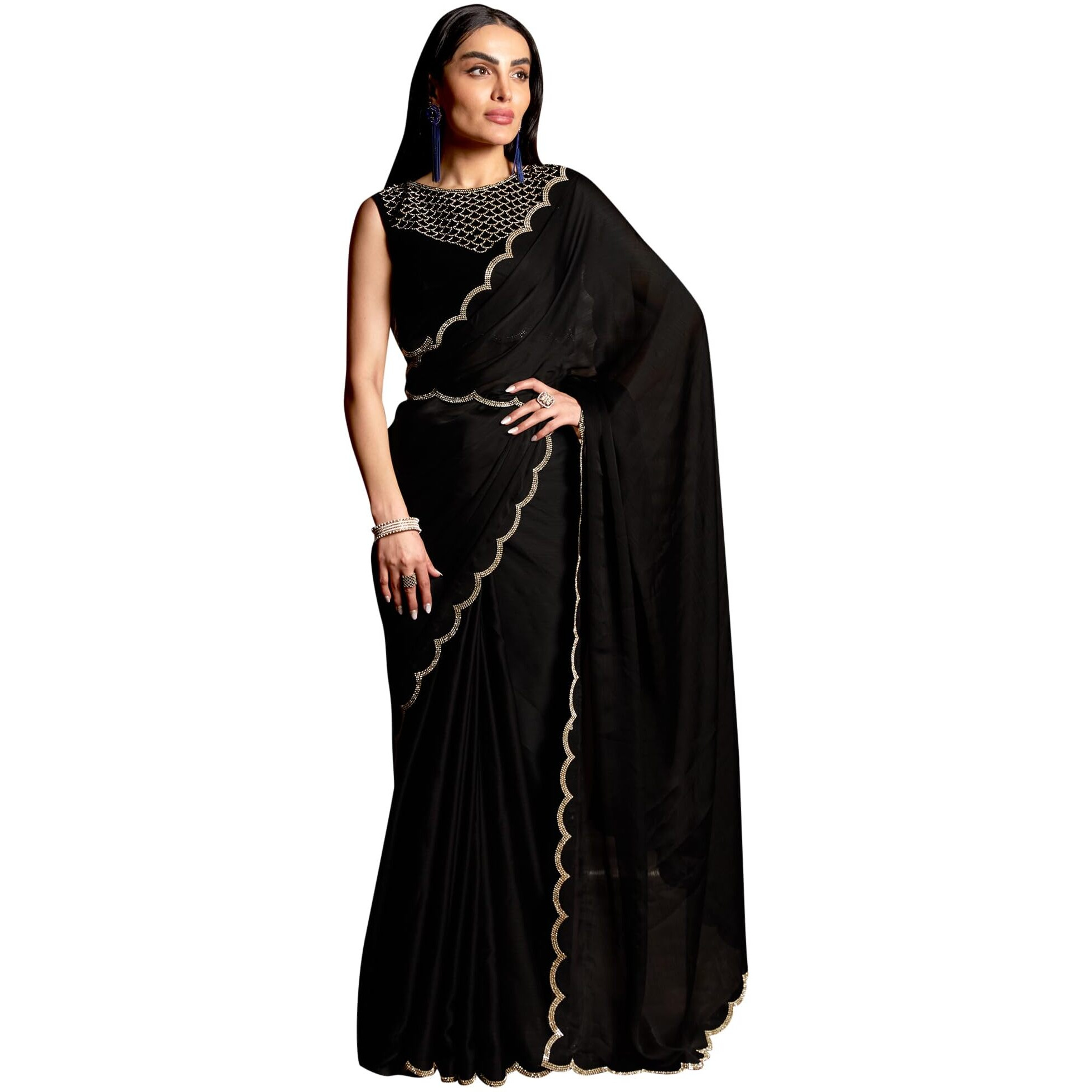 Akhilam Women's Chiffon Saree With Unstitched Blouse Piece, Black