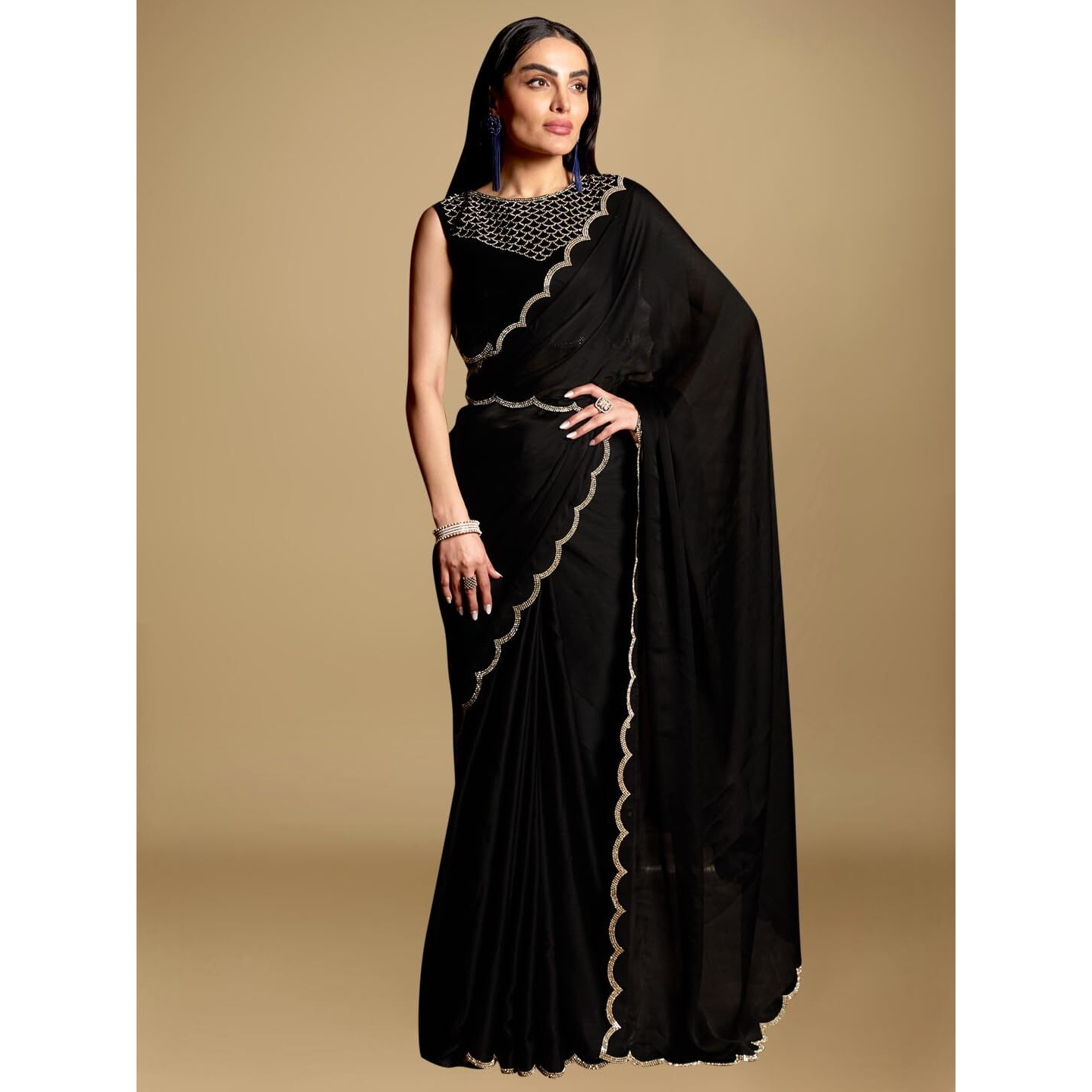 Akhilam Women's Chiffon Saree With Unstitched Blouse Piece, Black